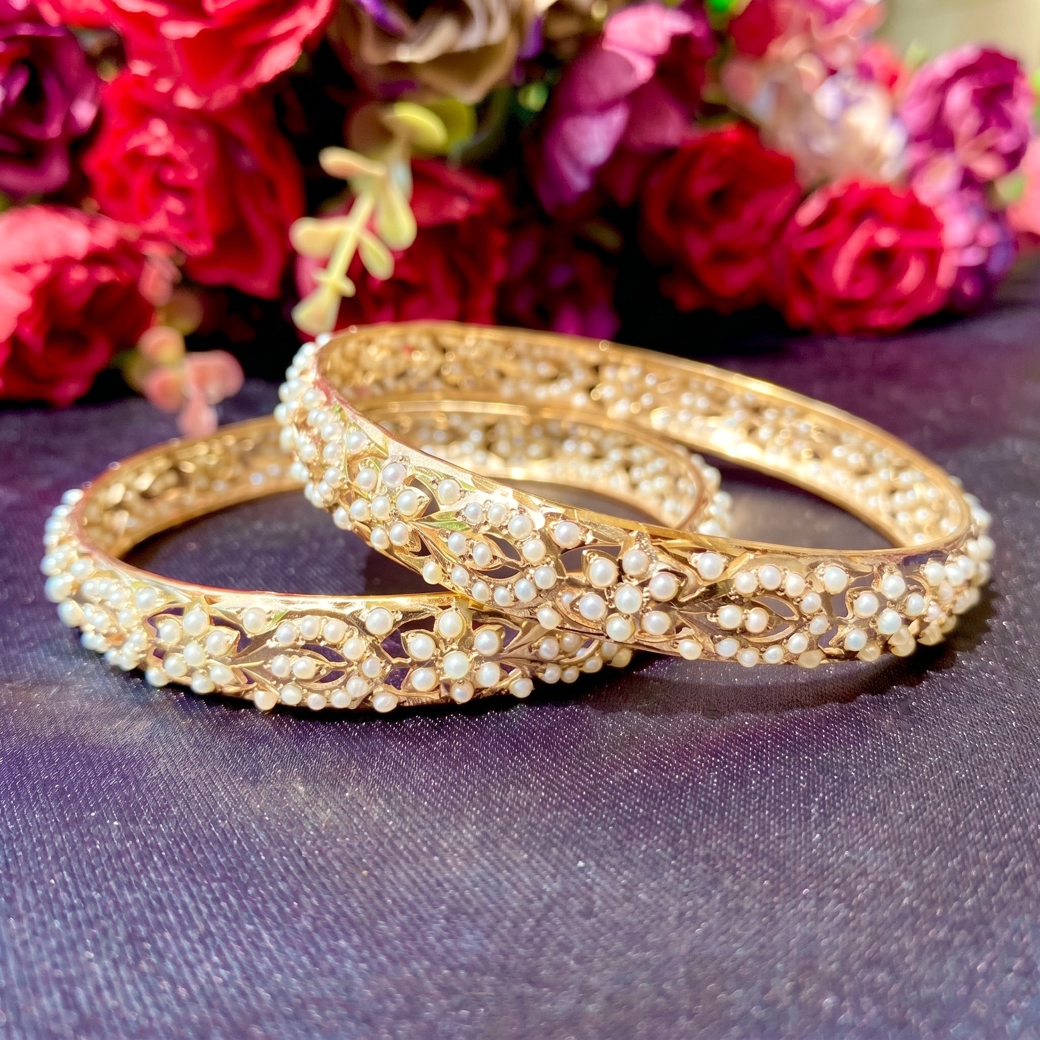 freshwater pearl bangles on silver