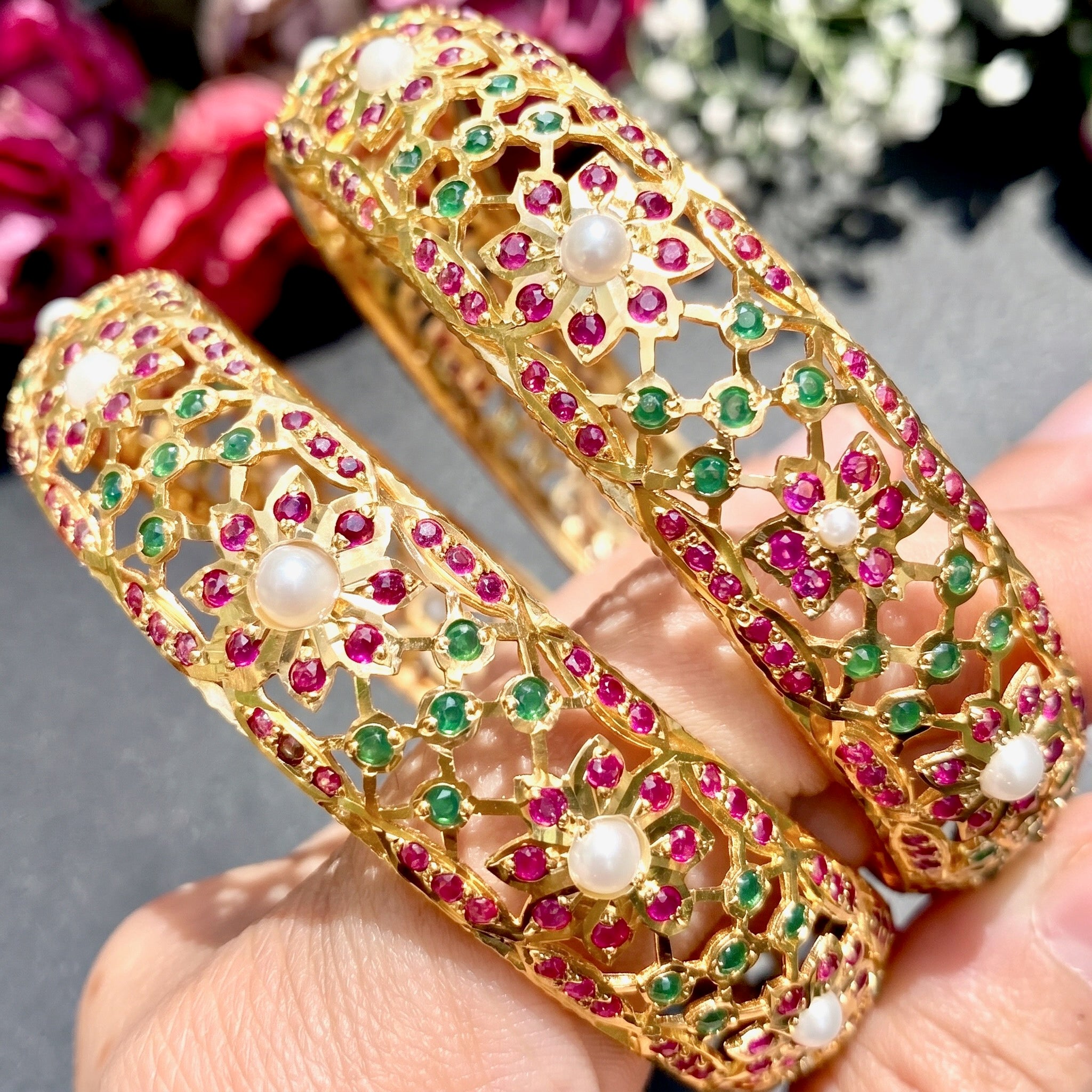 multicolored jadau bangles in gold plated silver