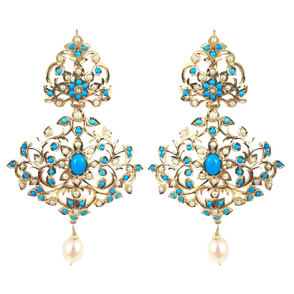 Unique Indian Earrings | Turquoise & Pearls Studded | 92.5 Silver with Gold Plating ER 021