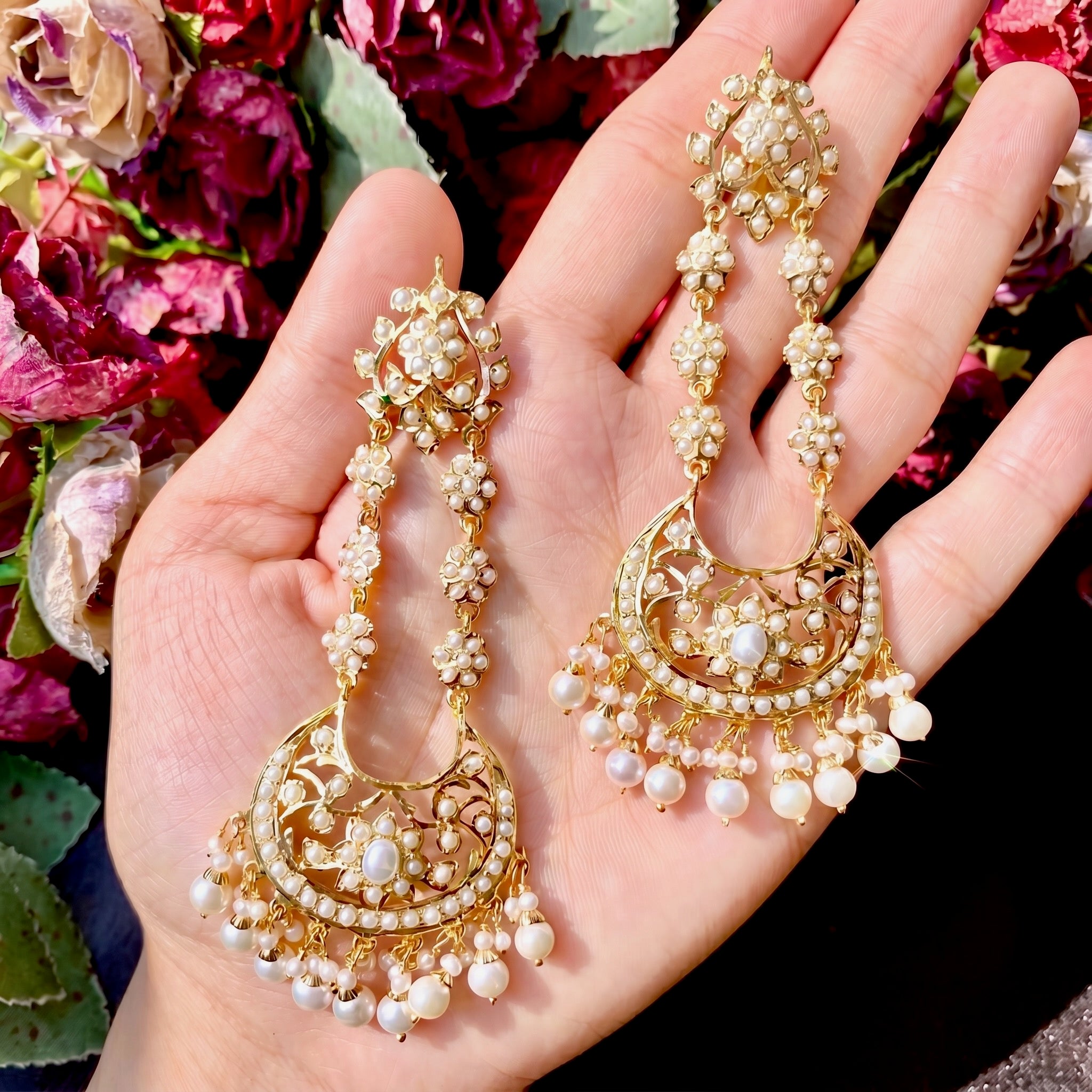 Long Indian Pearl Chandbalis | Freshwater Pearl Hyderabadi Earrings | Gold Plated Silver ER 111