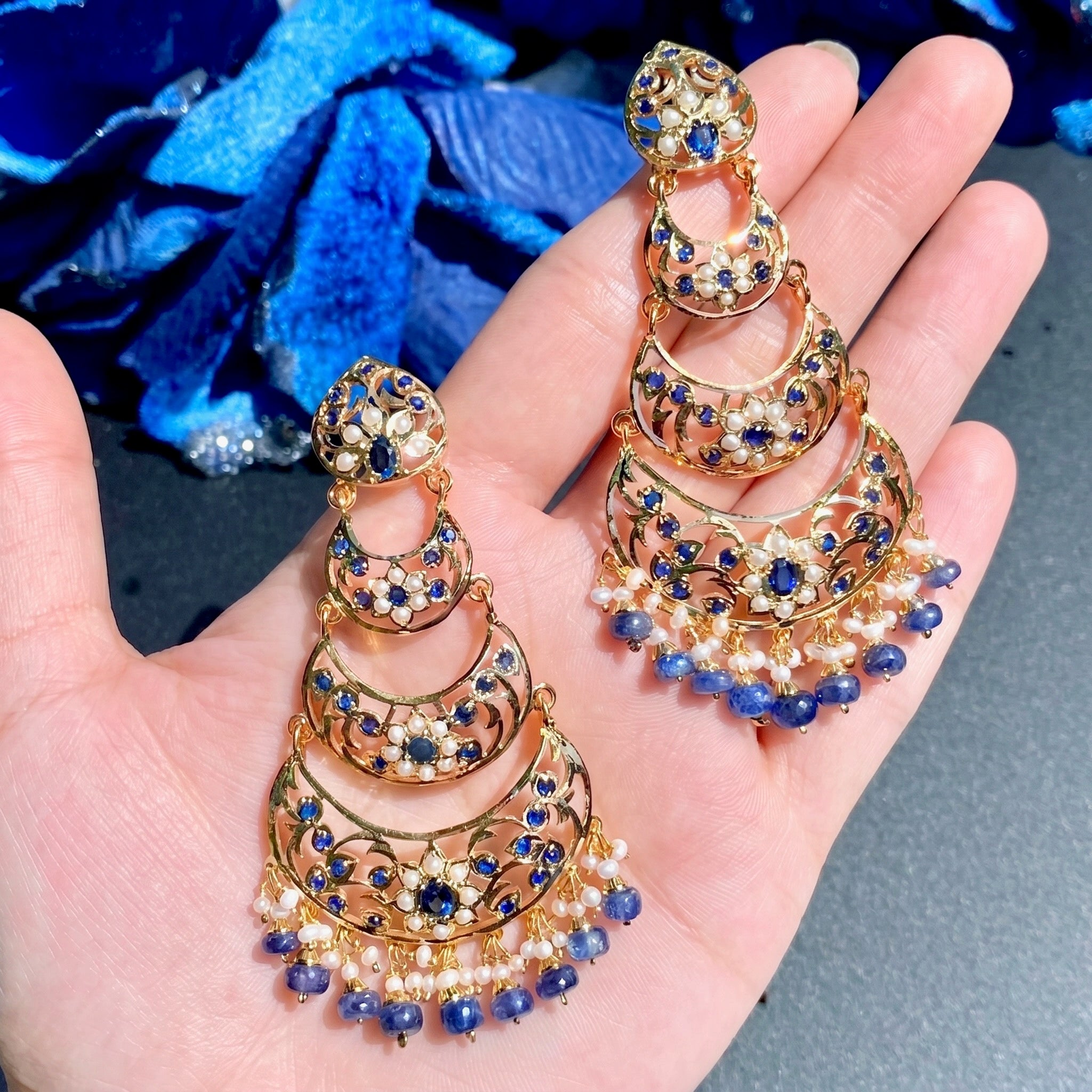Exquisite Silver Dangler Earrings | Pearl and Sapphire Combination ER 442