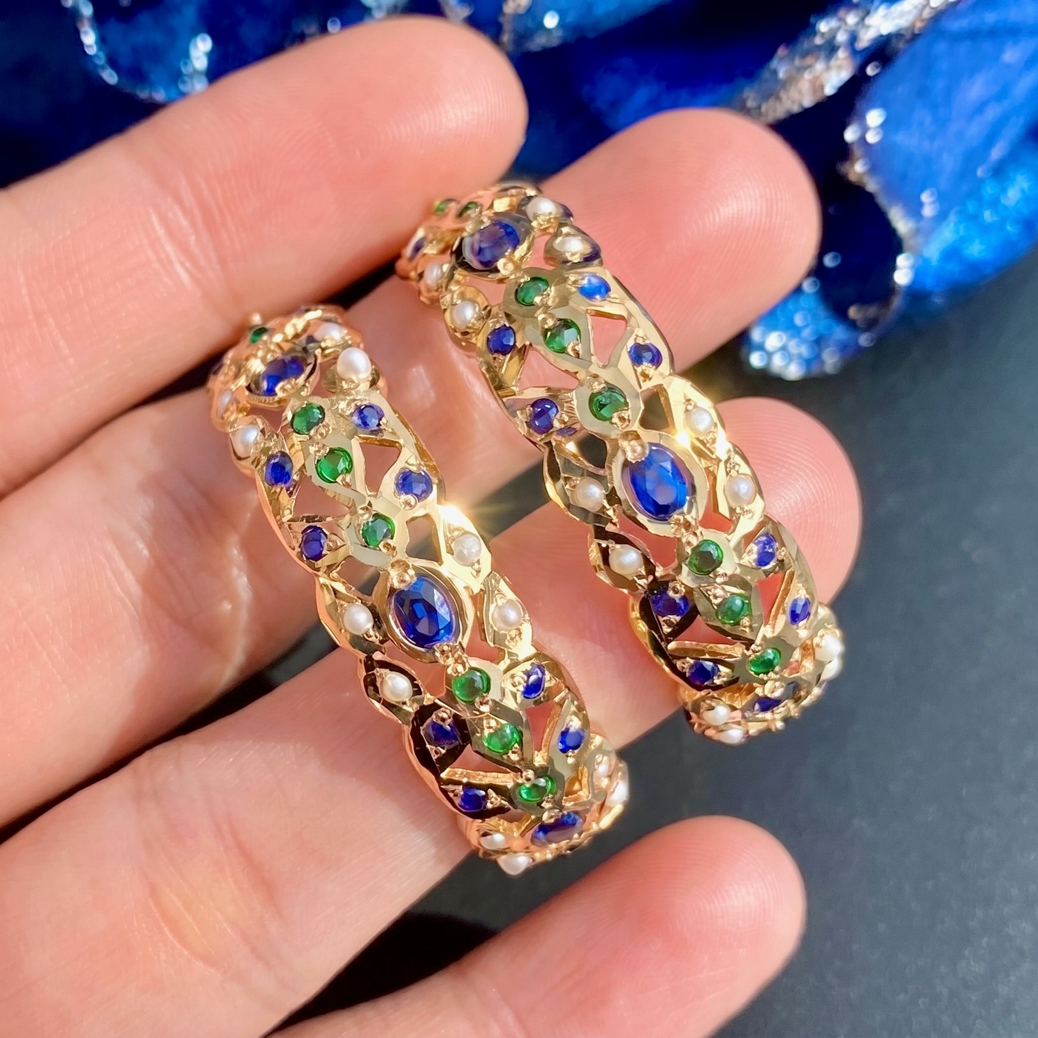 Jadau Hoop Earrings | Handcrafted Bali Earrings | Emerald Sapphire Hoops | ER 479
