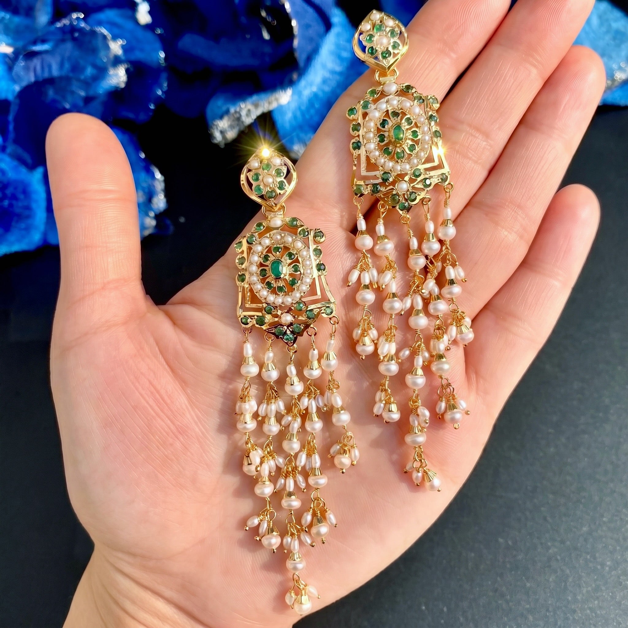 Long Flowing Jadau Earrings | Intricated Crafted Indian Jewelry | 925 Silver Gold Plated ER 657