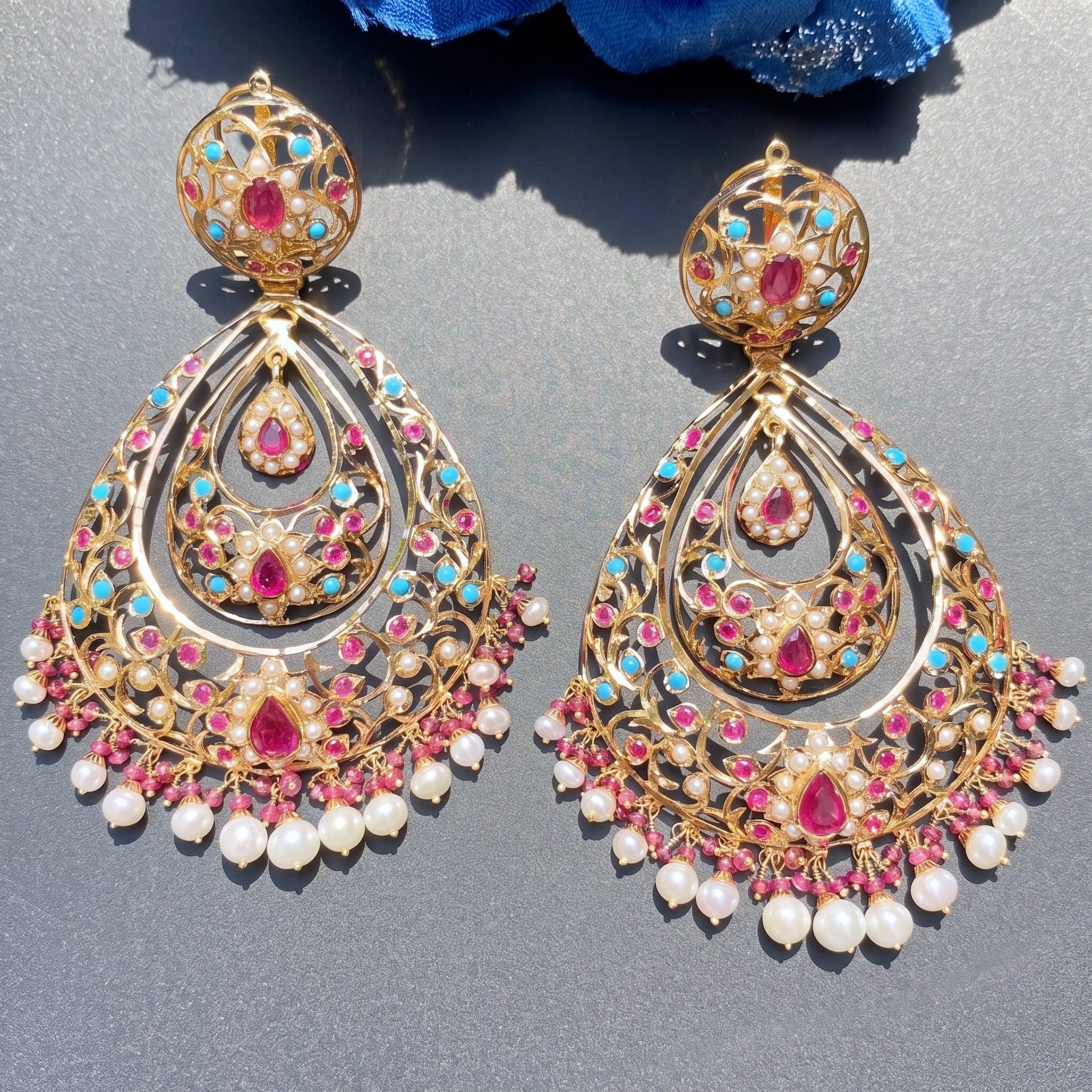 real gold indian chandbali earrings studded with ruby feroza and pearls