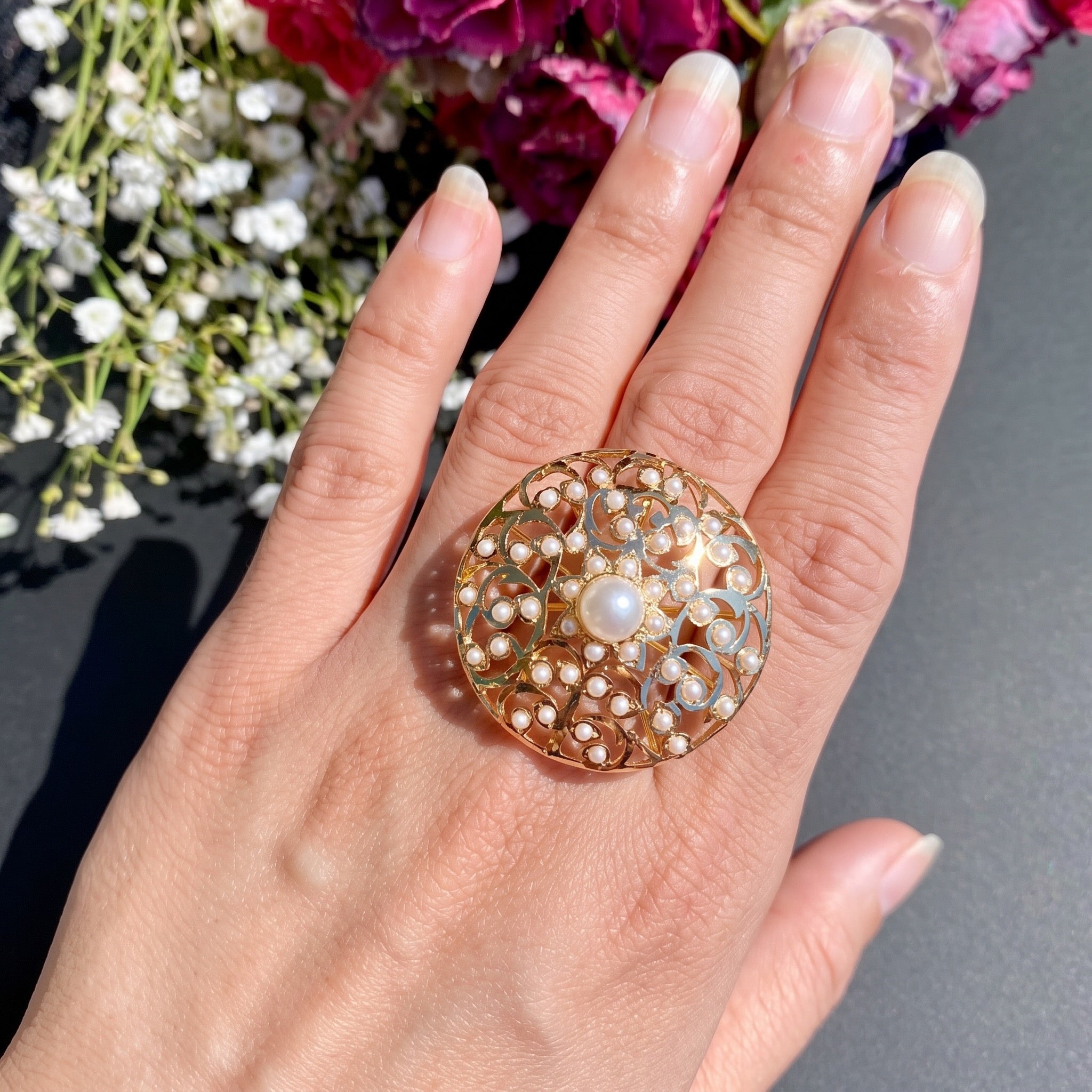 indian jadau gold ring wth pearls
