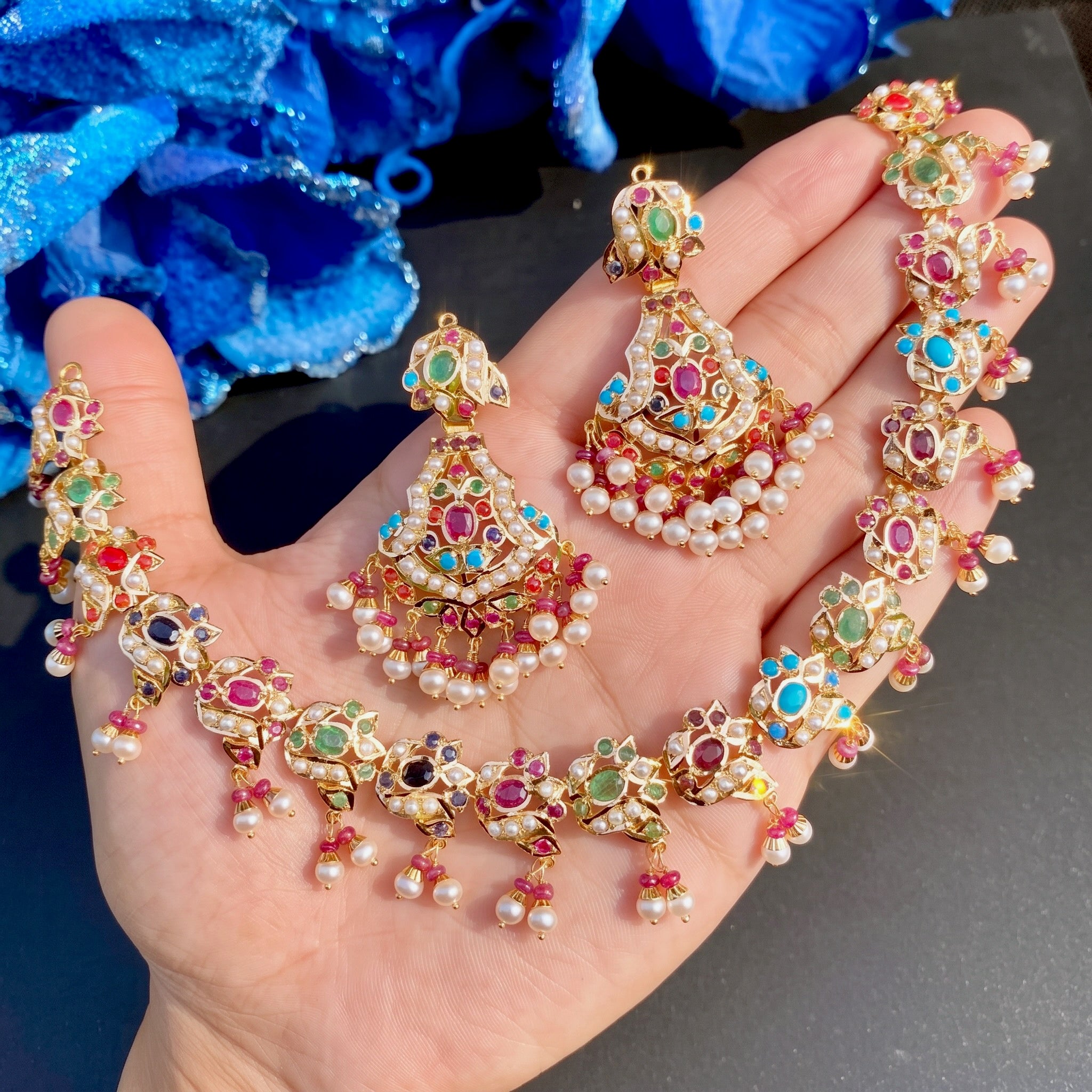 4 tola real gold navratna necklace set
