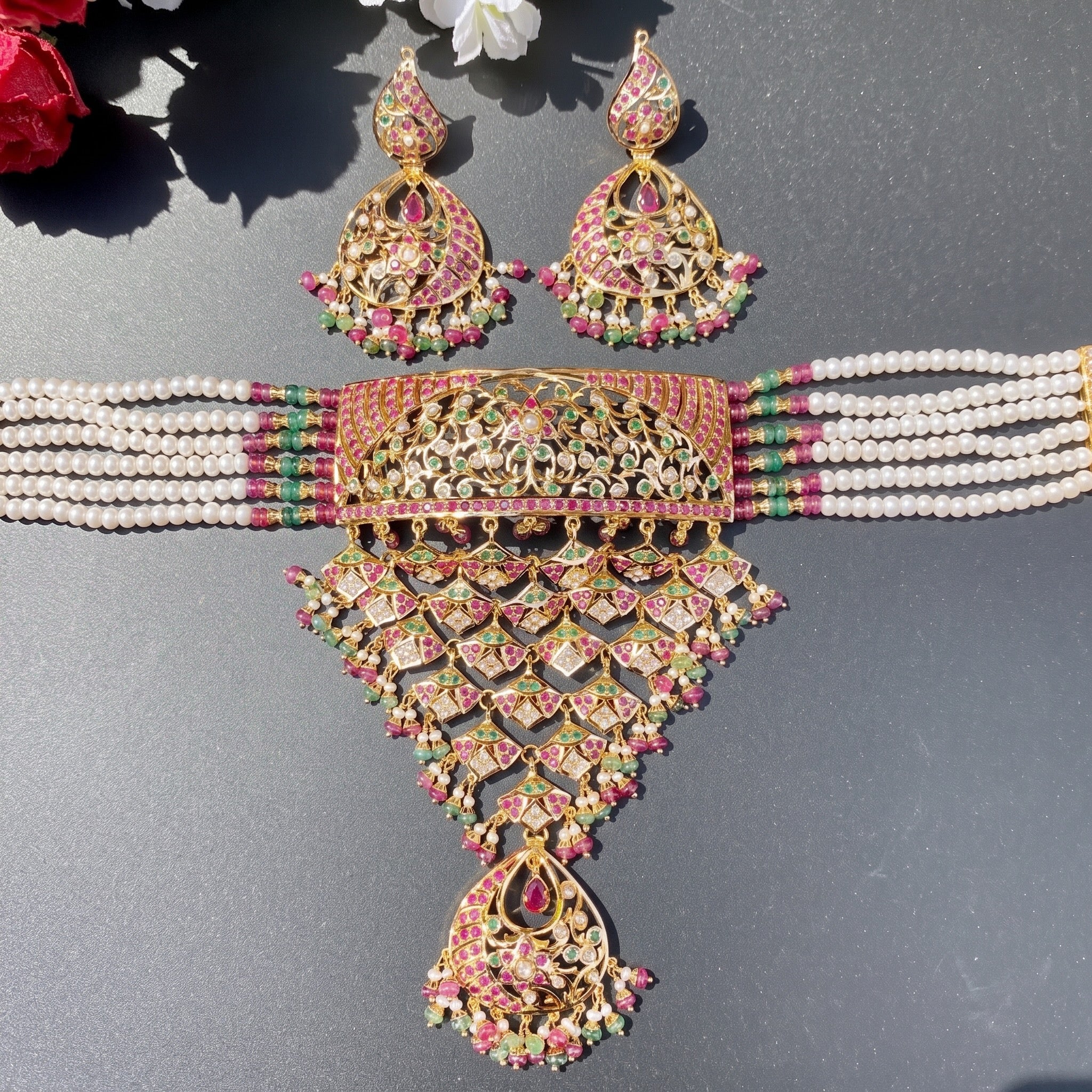 indian bridal necklace choker with ruby emerald and pearls