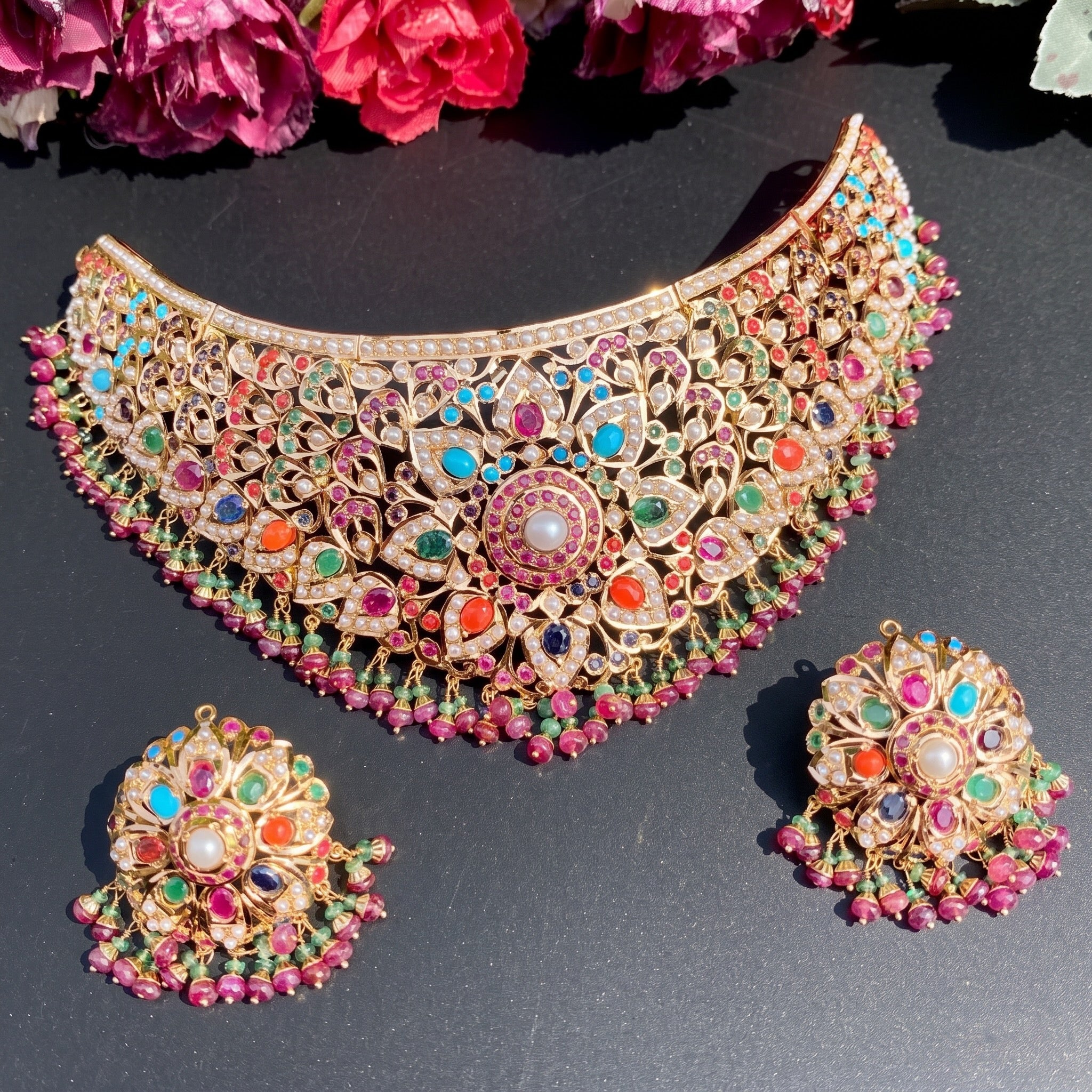 bridal wear navratna choker set to wear with lehenga for wedding functions
