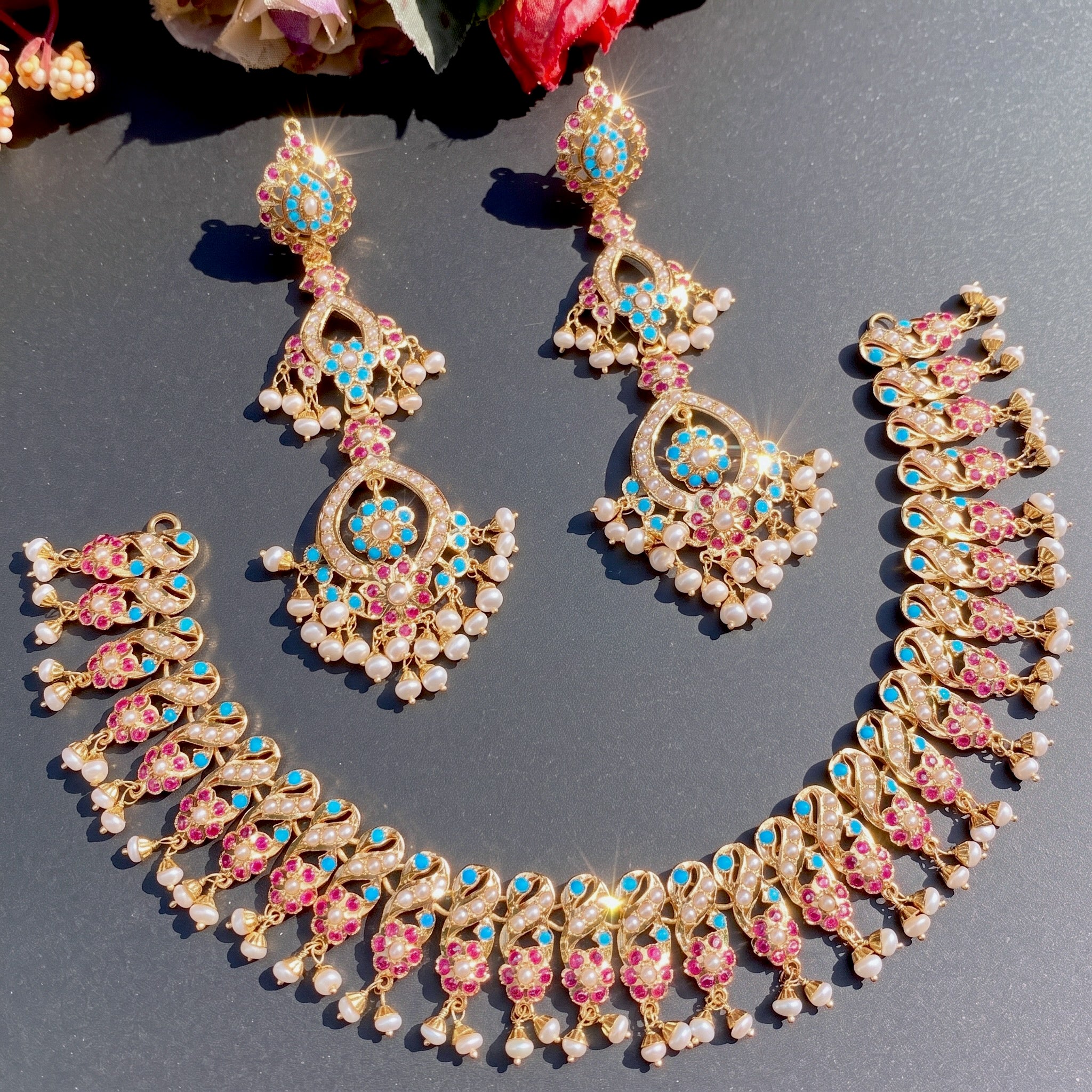 916 hallmark rajasthani gold necklace set with ruby and pearls between 1 lakh to 3 lacs to 4 lacs