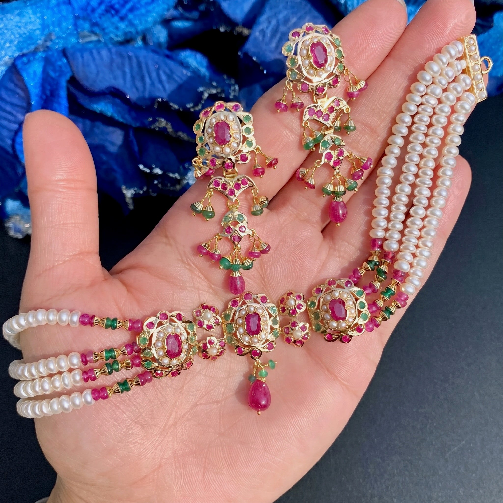 Dainty Gold Choker Set | 22k Gold with Precious Ruby Emeralds | Jewelry Gifts in Gold