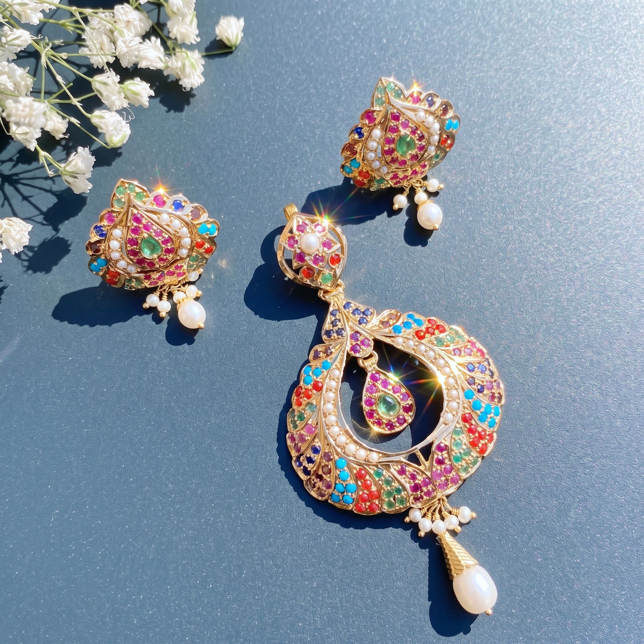 buy 22k gold chandbali shaped navratna pendant and earrings set in usa for women online