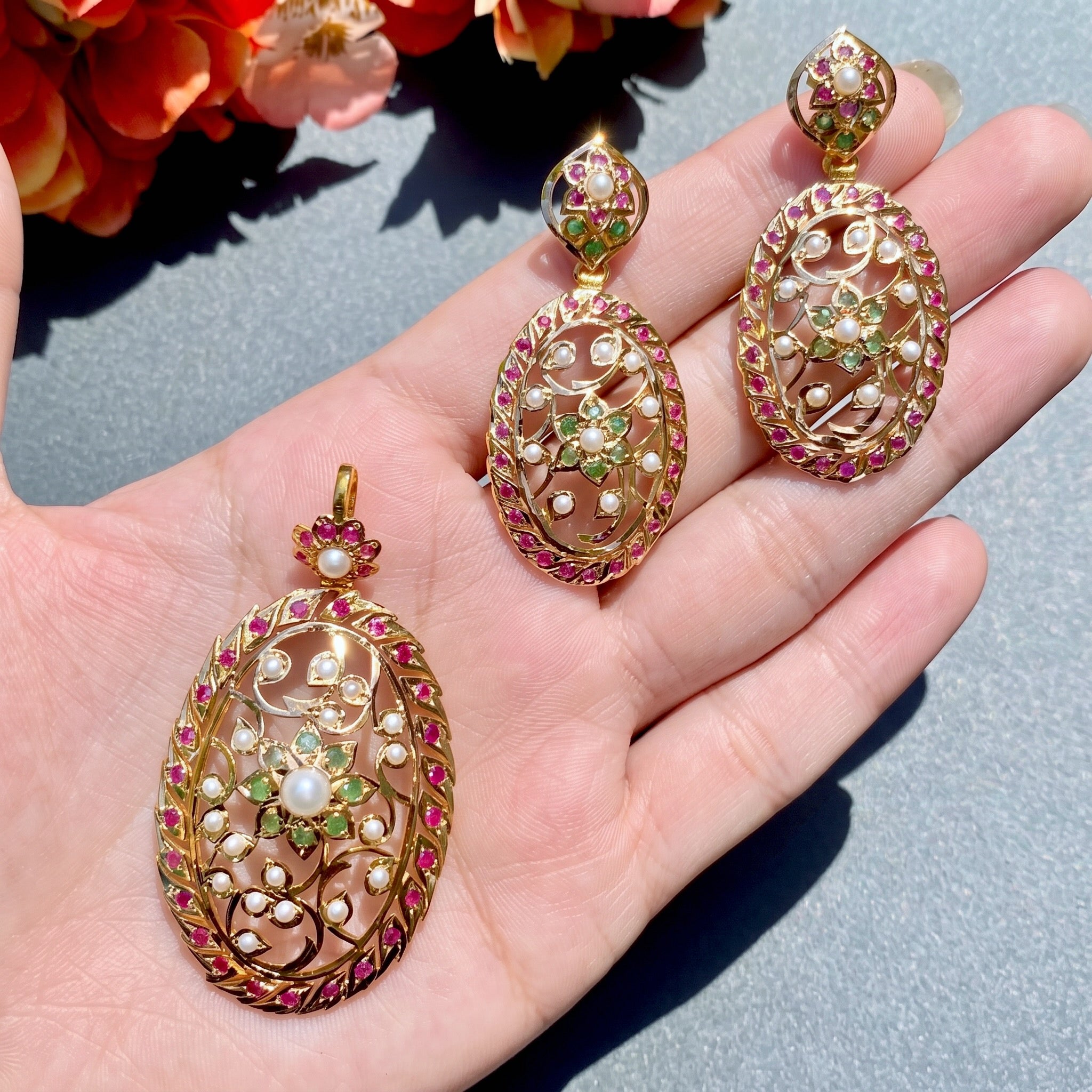 classy bengali gold pendant and earrings for women with rubies emeralds and pearls