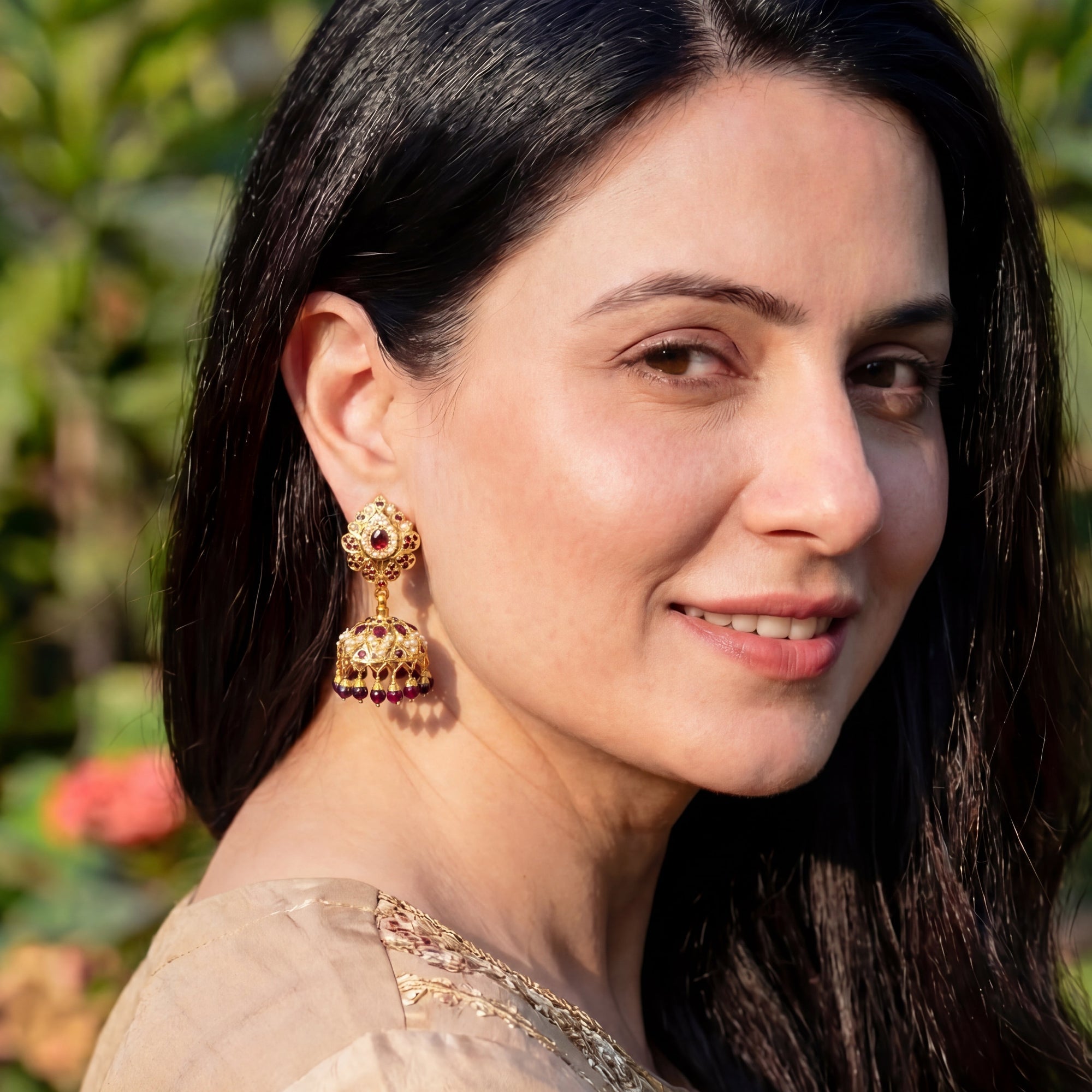 Pearl & Garnet Jhumka Earrings | Gold Plated Luxury Jadau on Silver Base ER 677