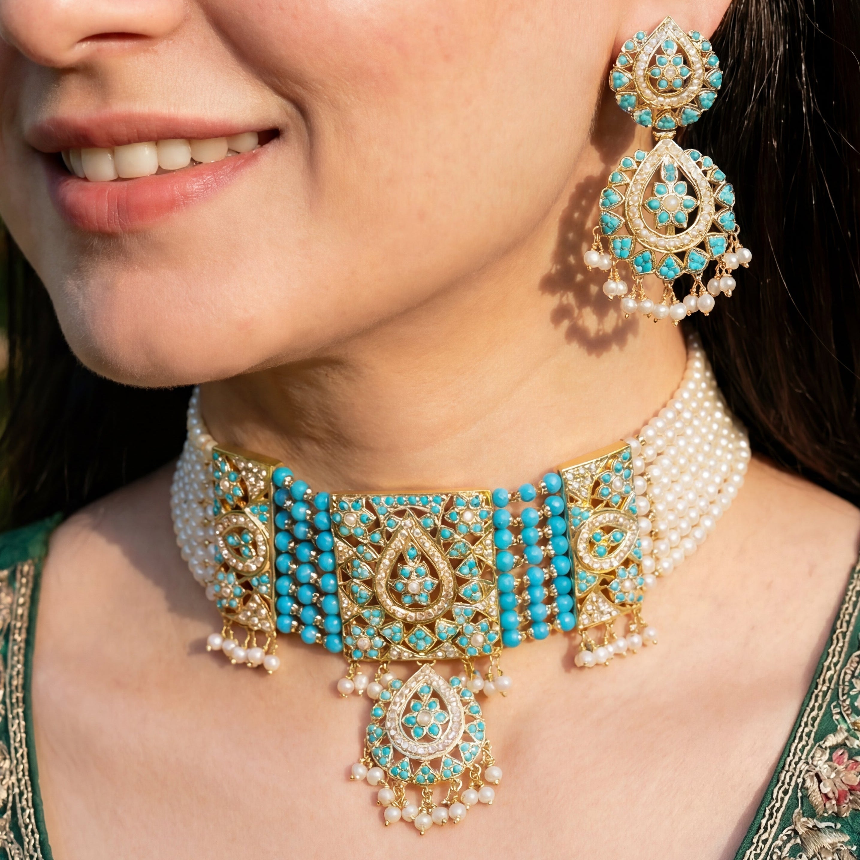 Pearl Pheroza Jadau Set | Choker Necklace Set | Gold Polished on Silver NS 042