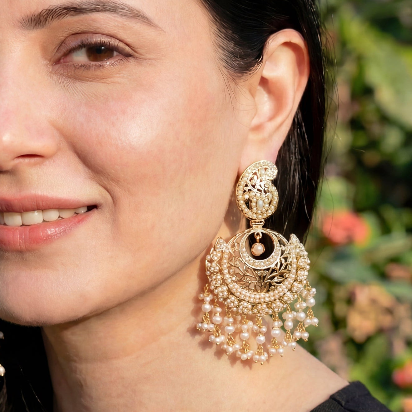 Pearl Jadau Chandbali Earrings in Gold Plated Silver ER 083