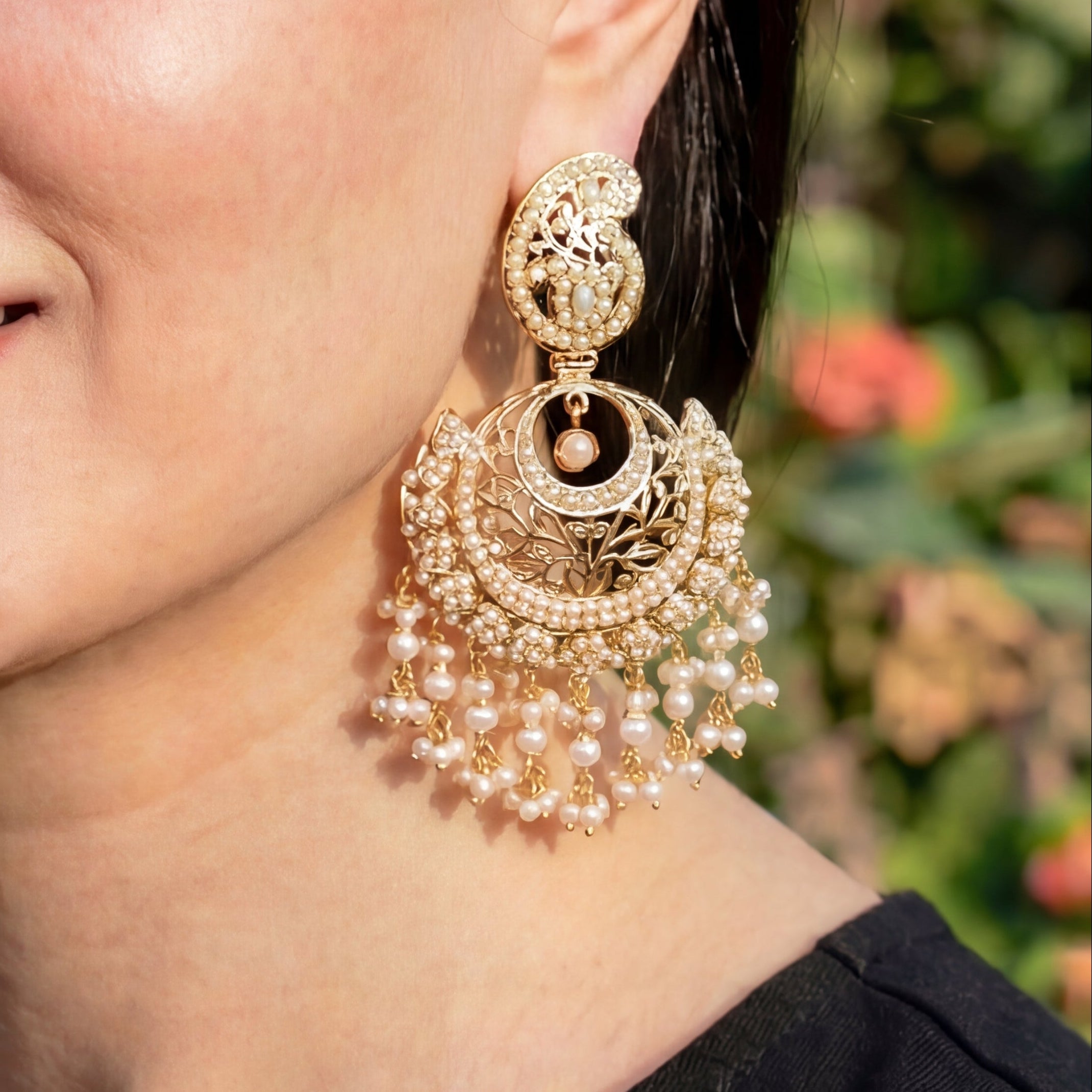 Pearl Jadau Chandbali Earrings in Gold Plated Silver ER 083