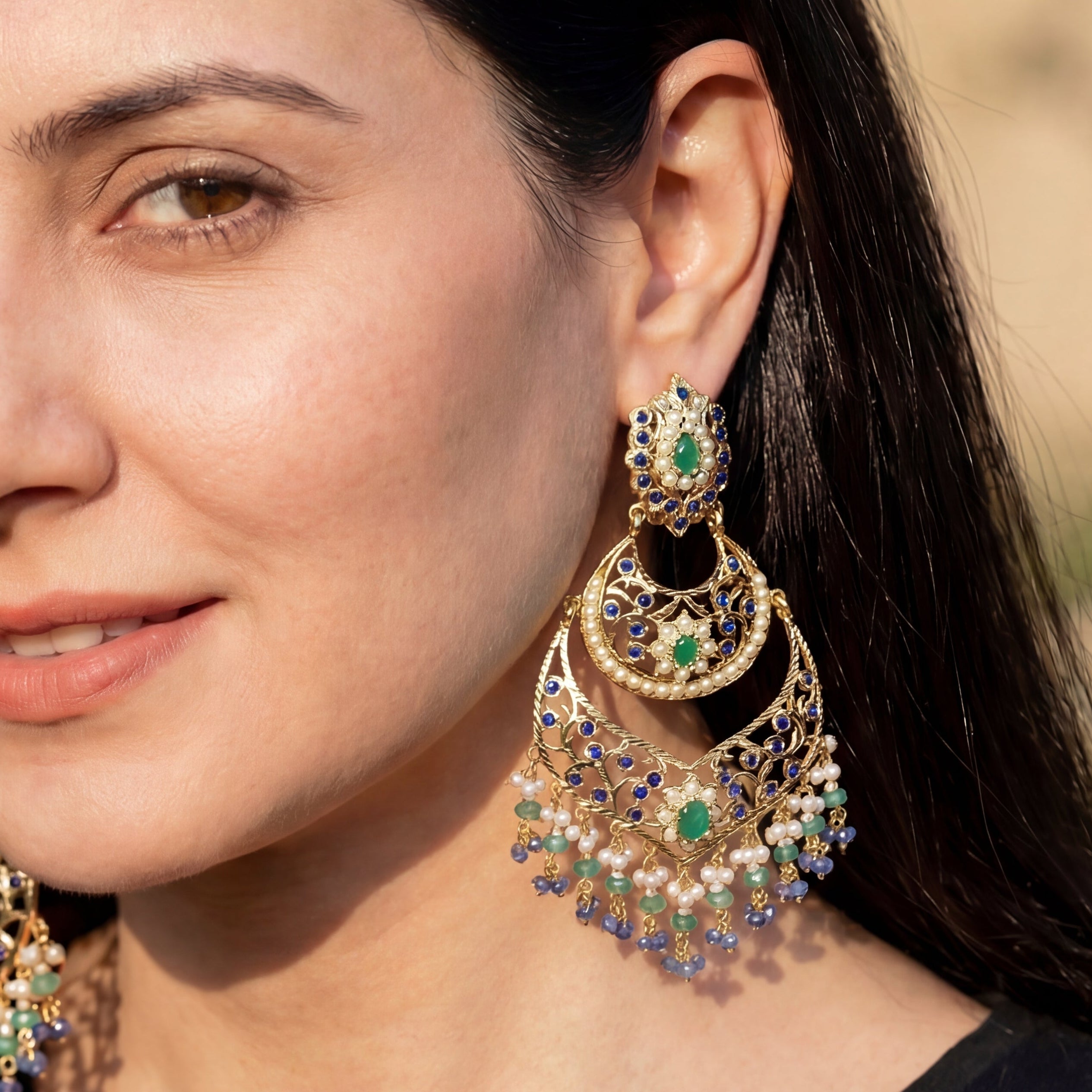 Statement Long Chandbali Earrings | Emerald-Sapphire-Pearls | Gold Plated ER 110