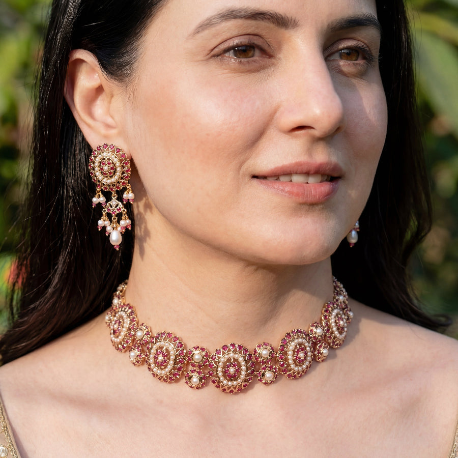Ruby & Pearl Choker Set | Gold Plated Silver Jewelry Online NS 433