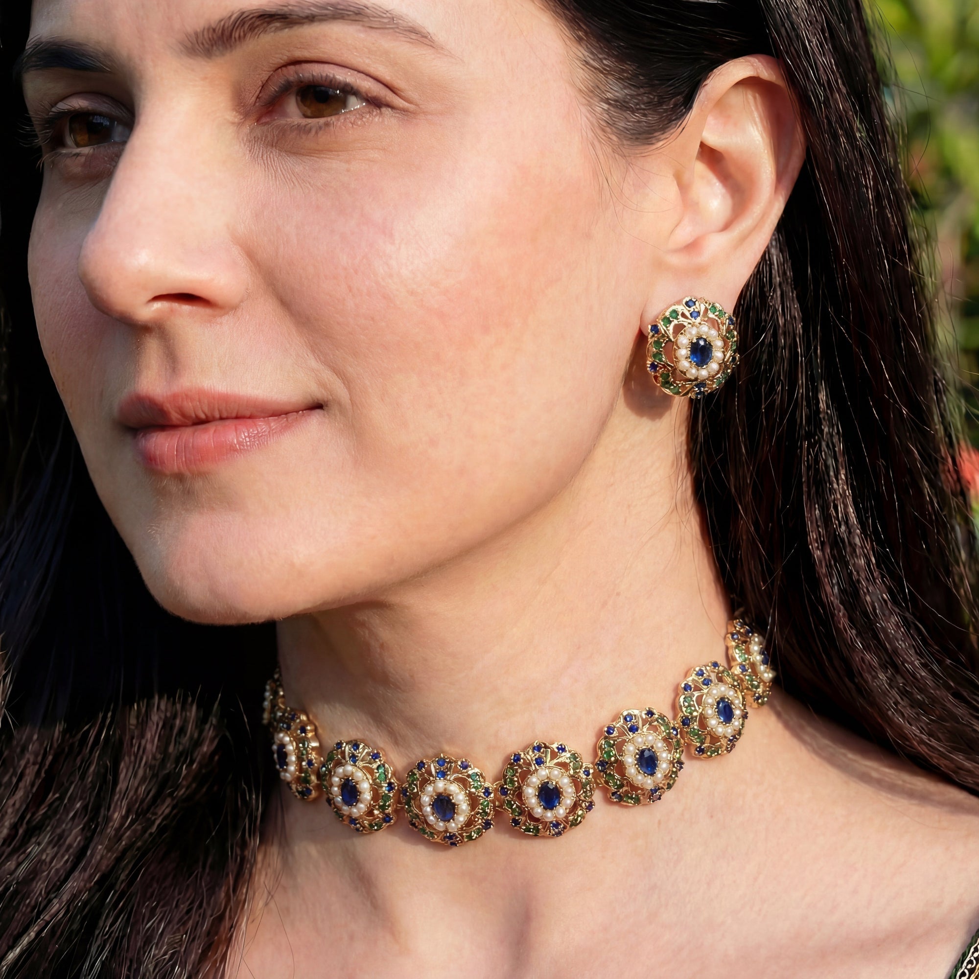 Light weight Jadau Choker | Neelam Choker Set | Gold Plated Silver Jewelry Gifts NS 339