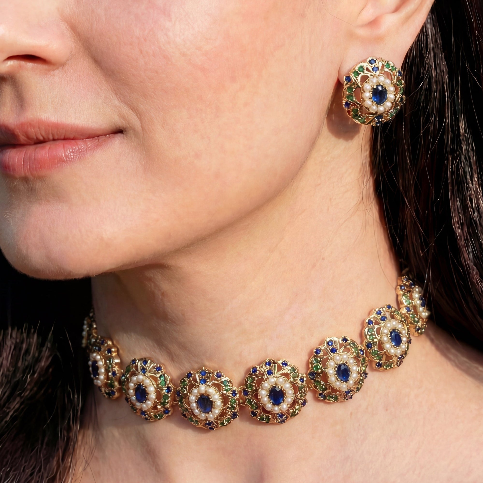 Light weight Jadau Choker | Neelam Choker Set | Gold Plated Silver Jewelry Gifts NS 339