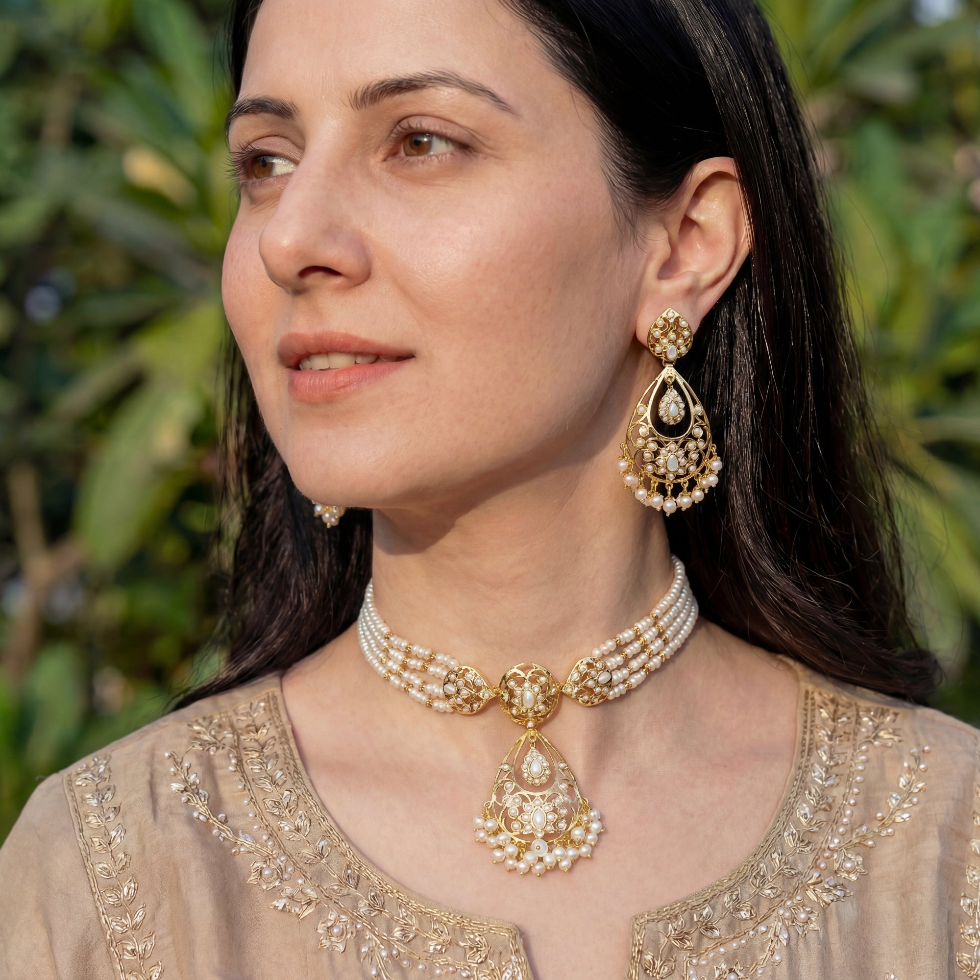 Jadau Choker Necklace Set | Gold Plated Silver | Freshwater Pearls NS 026