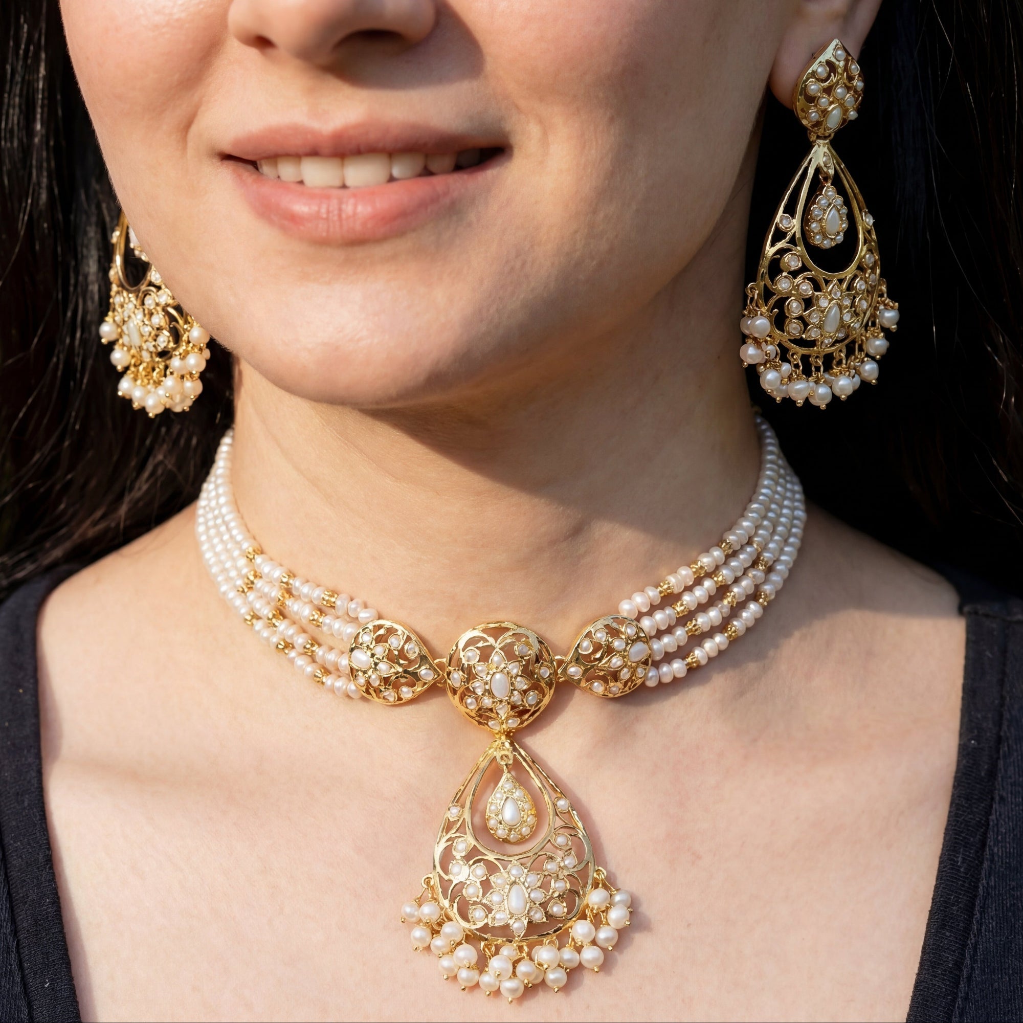 Jadau Choker Necklace Set | Gold Plated Silver | Freshwater Pearls NS 026