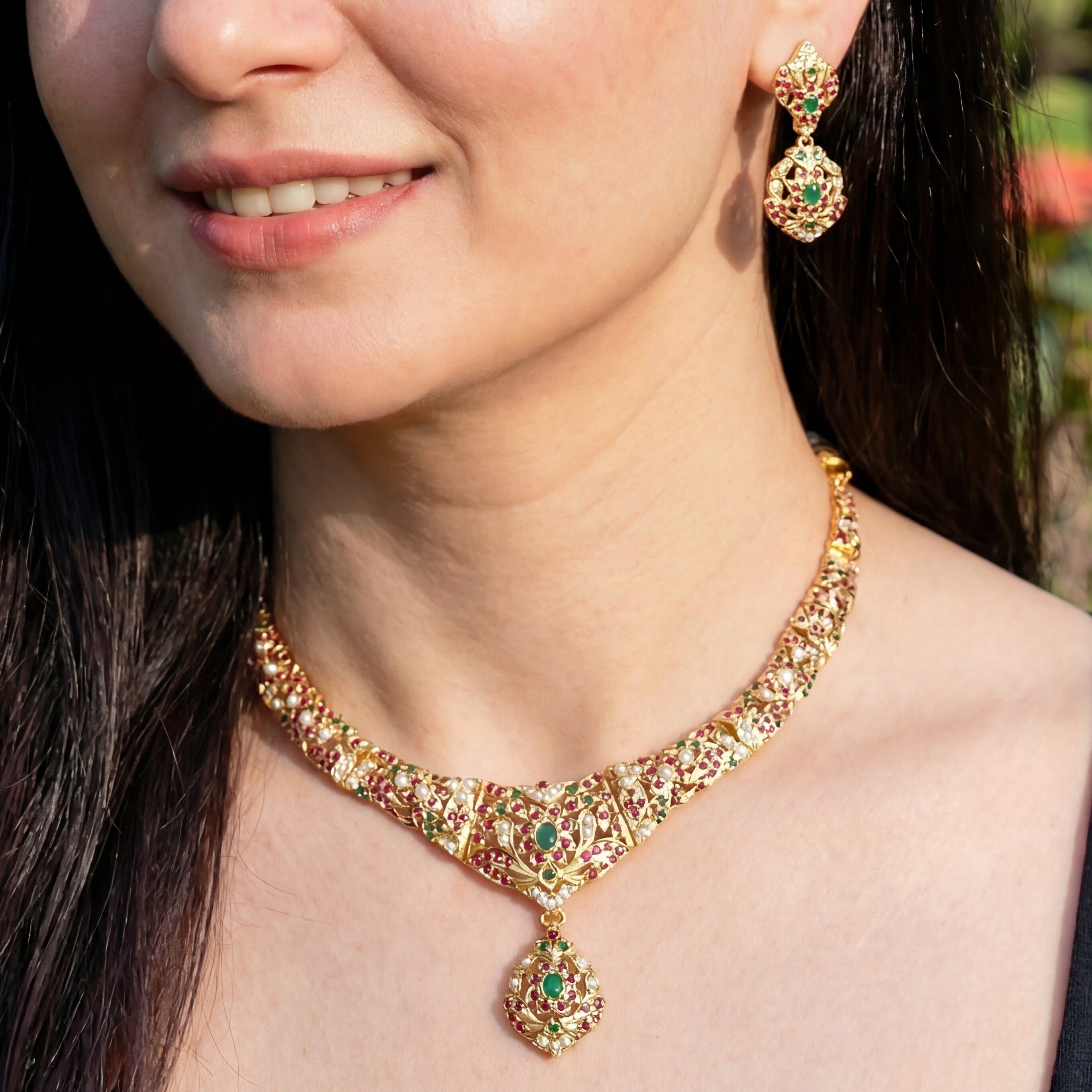 Fine Gold Plated Necklace Set in Silver | Traditional Indian Jadau Jewelry NS 003