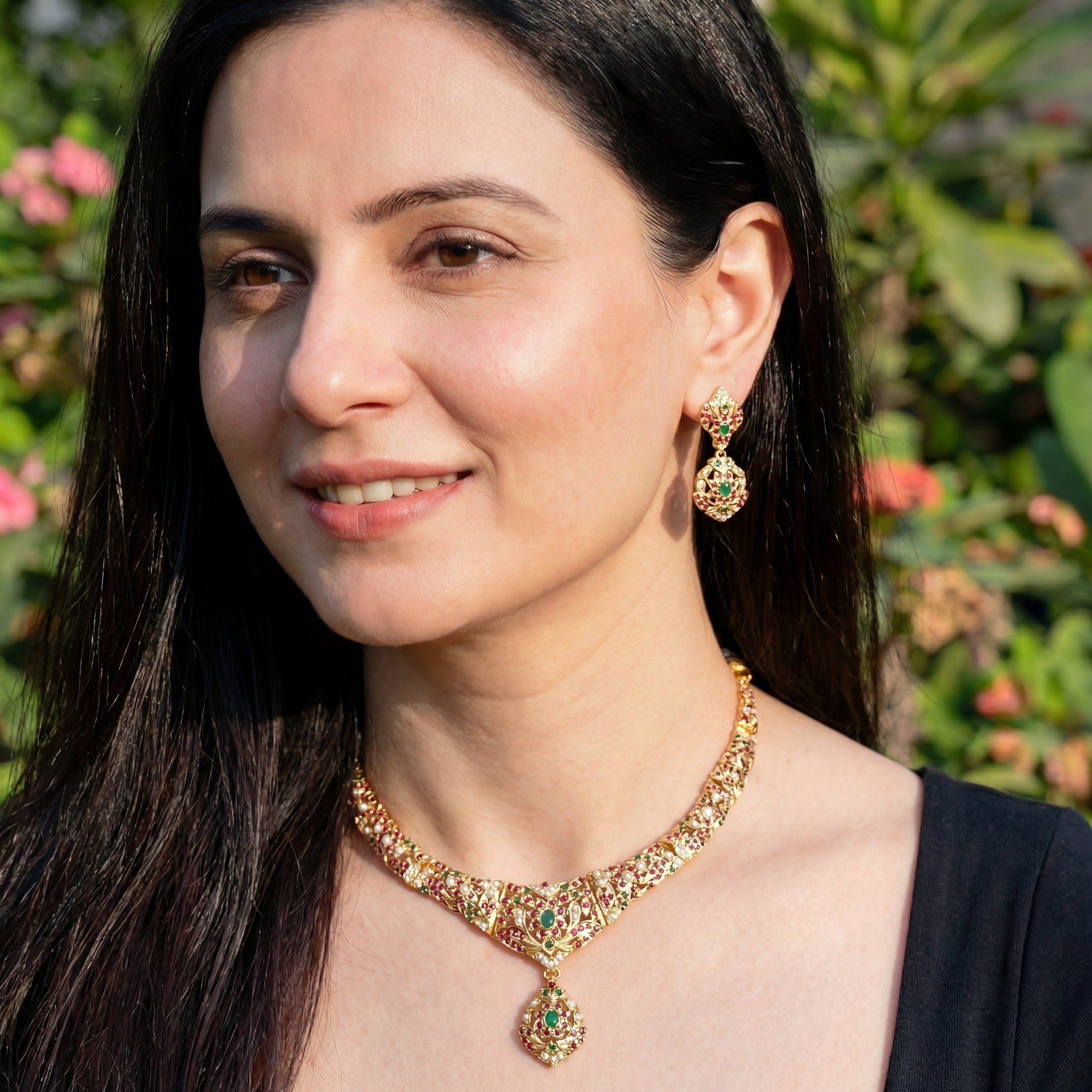 Fine Gold Plated Necklace Set in Silver | Traditional Indian Jadau Jewelry NS 003