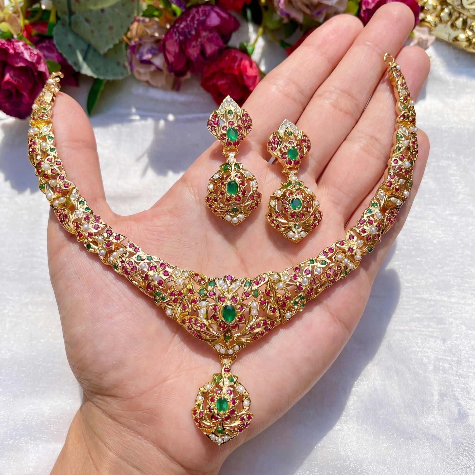 Fine Gold Plated Necklace Set in Silver | Traditional Indian Jadau Jewelry NS 003
