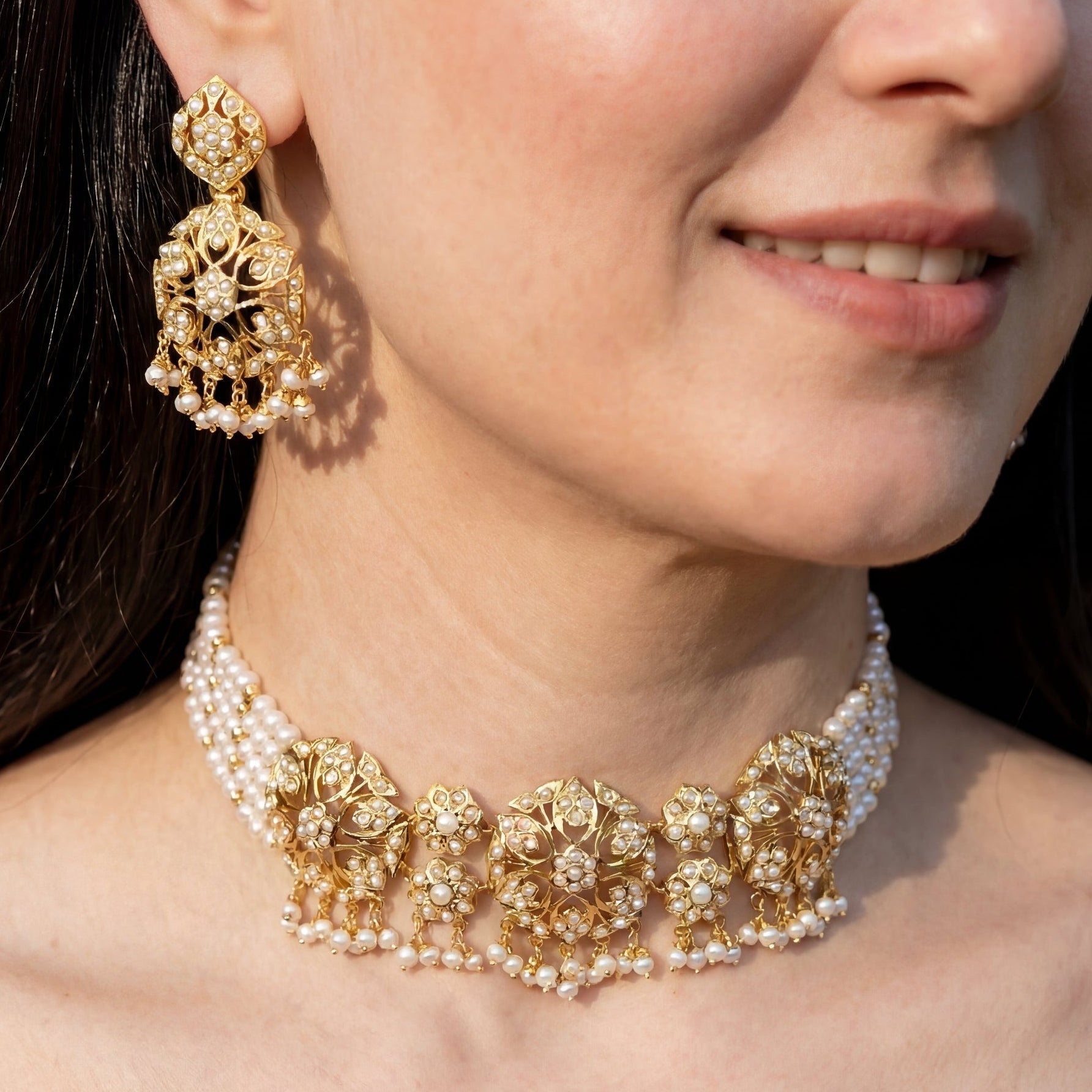 Gold Plated Jadau Pearl Choker Necklace with Matching Earrings in silver NS 115