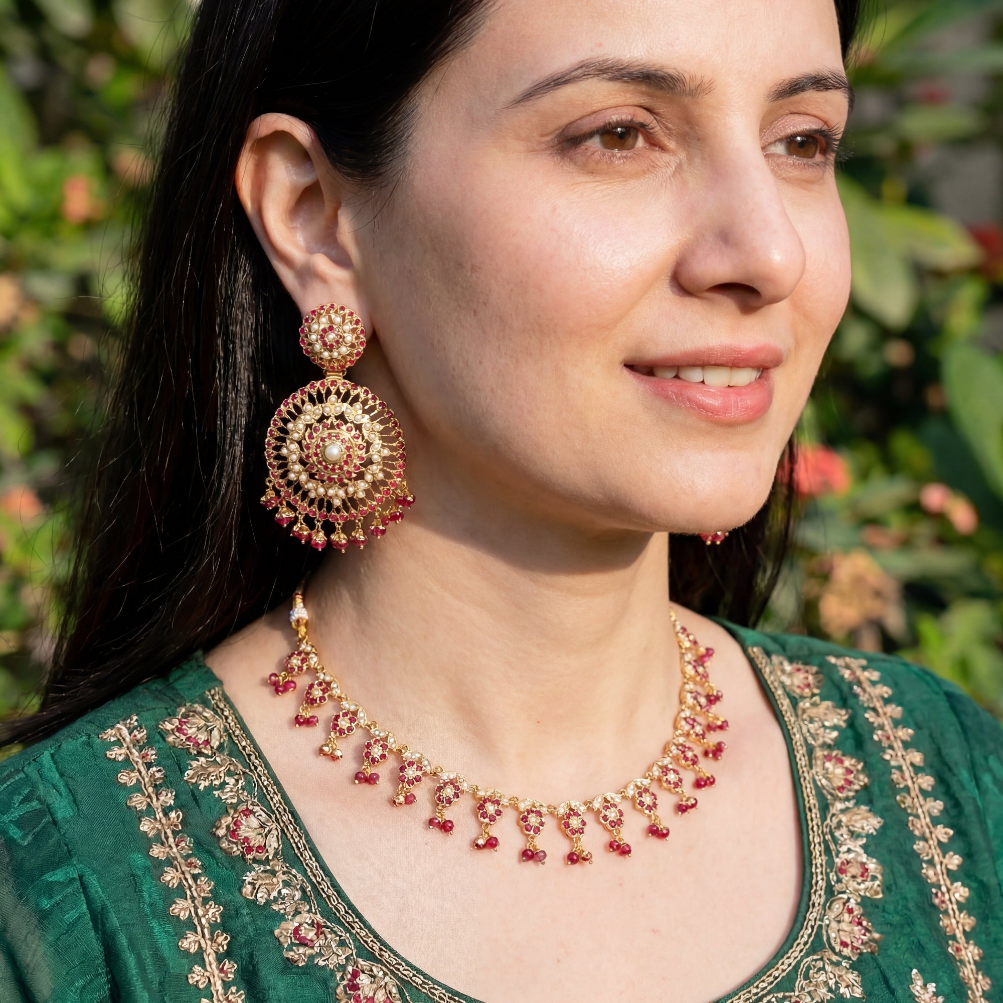 Dainty Jadau Necklace with Statement Earrings | 925 Silver | Gold Plated NS 282