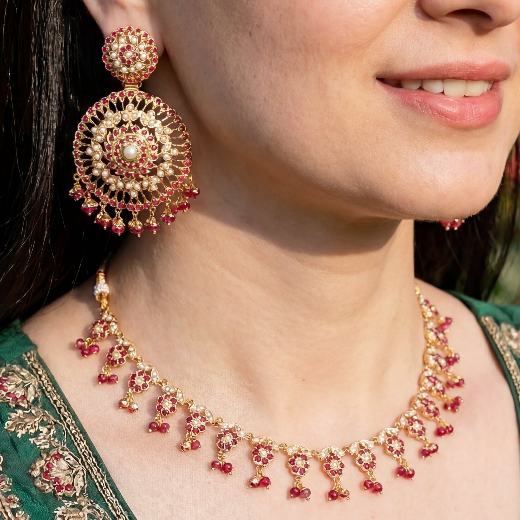 Dainty Jadau Necklace with Statement Earrings | 925 Silver | Gold Plated NS 282