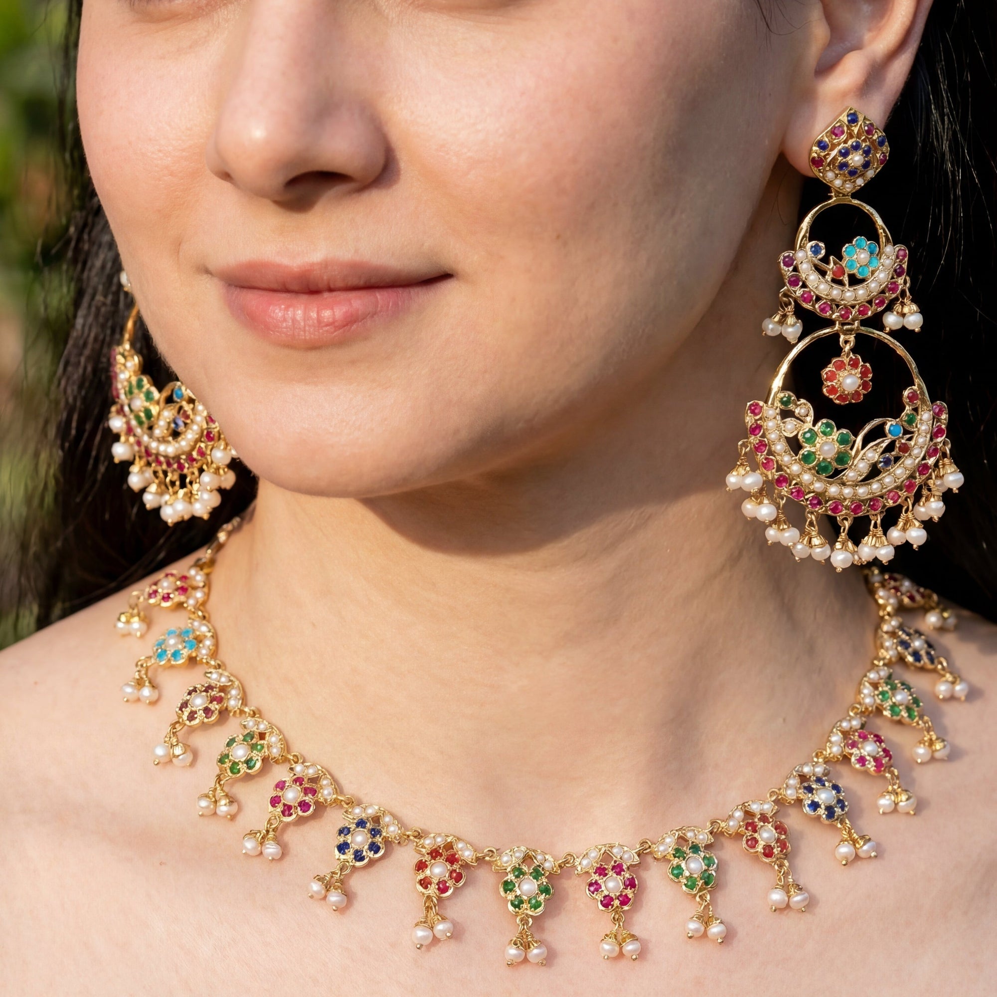 Dainty Navaratna Necklace with Statement Earrings | Double Chandbali | Gold Plated NS 283