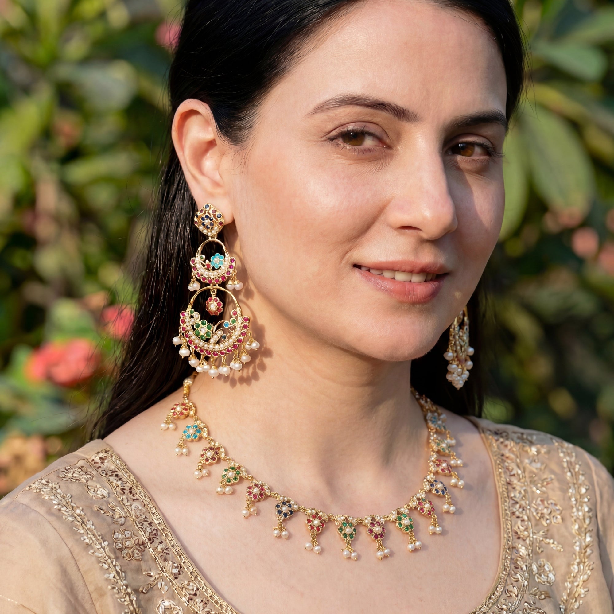 Dainty Navaratna Necklace with Statement Earrings | Double Chandbali | Gold Plated NS 283
