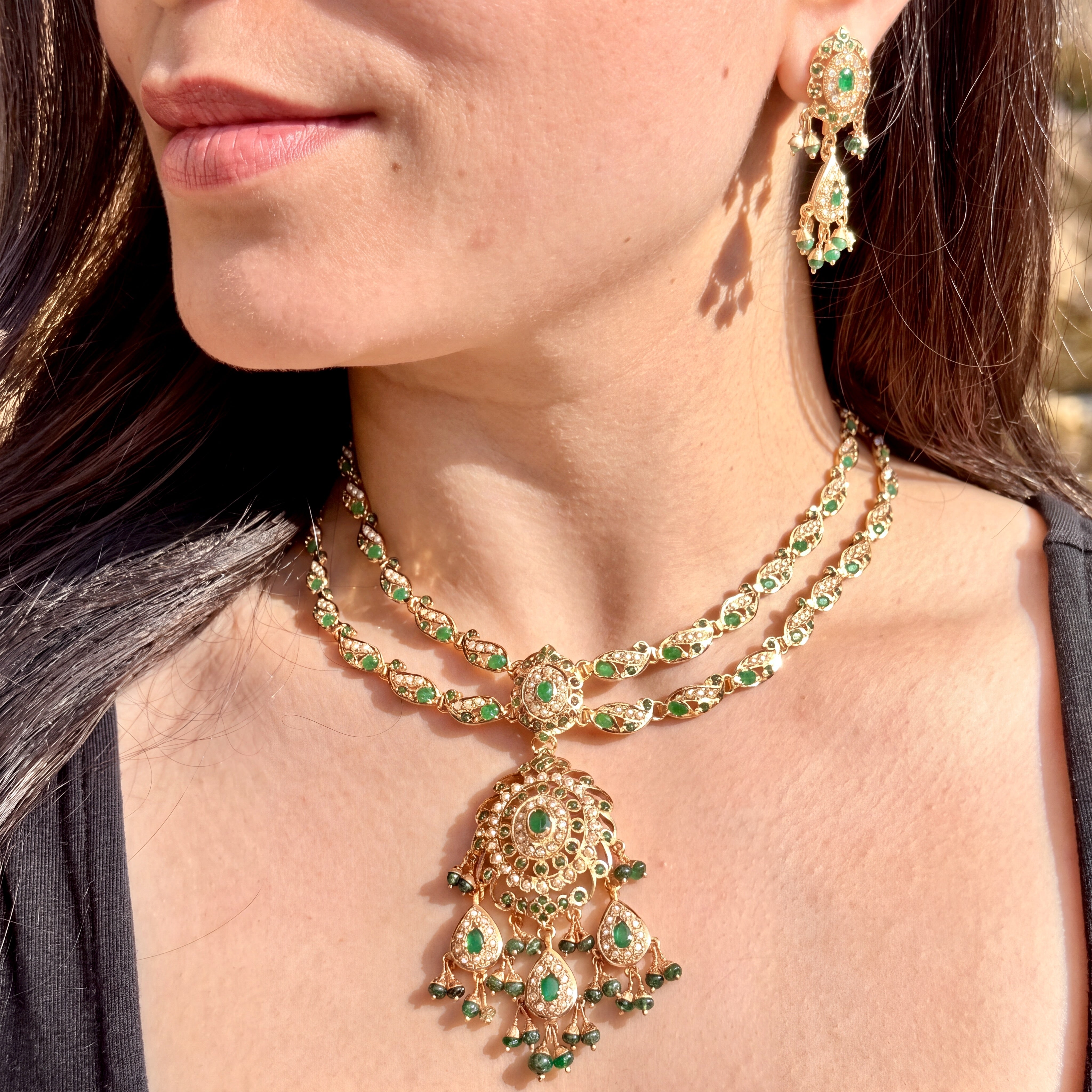 Intricate Jadau Necklace Set in 925 Silver Base | Pearl & Emerald Green Combination NS 451