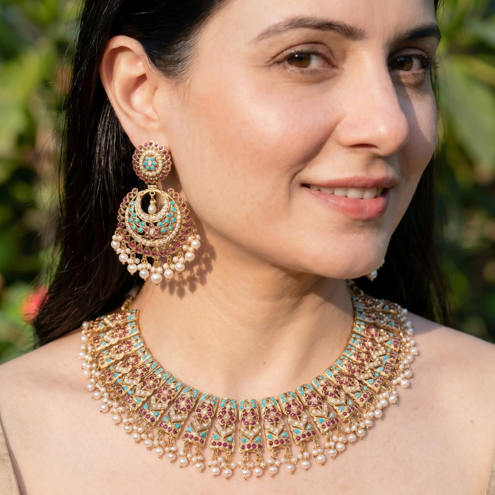Turquoise Ruby-Red Pearl Jadau Choker Set with Chandbali Earrings | Gold Plated Silver NS 458