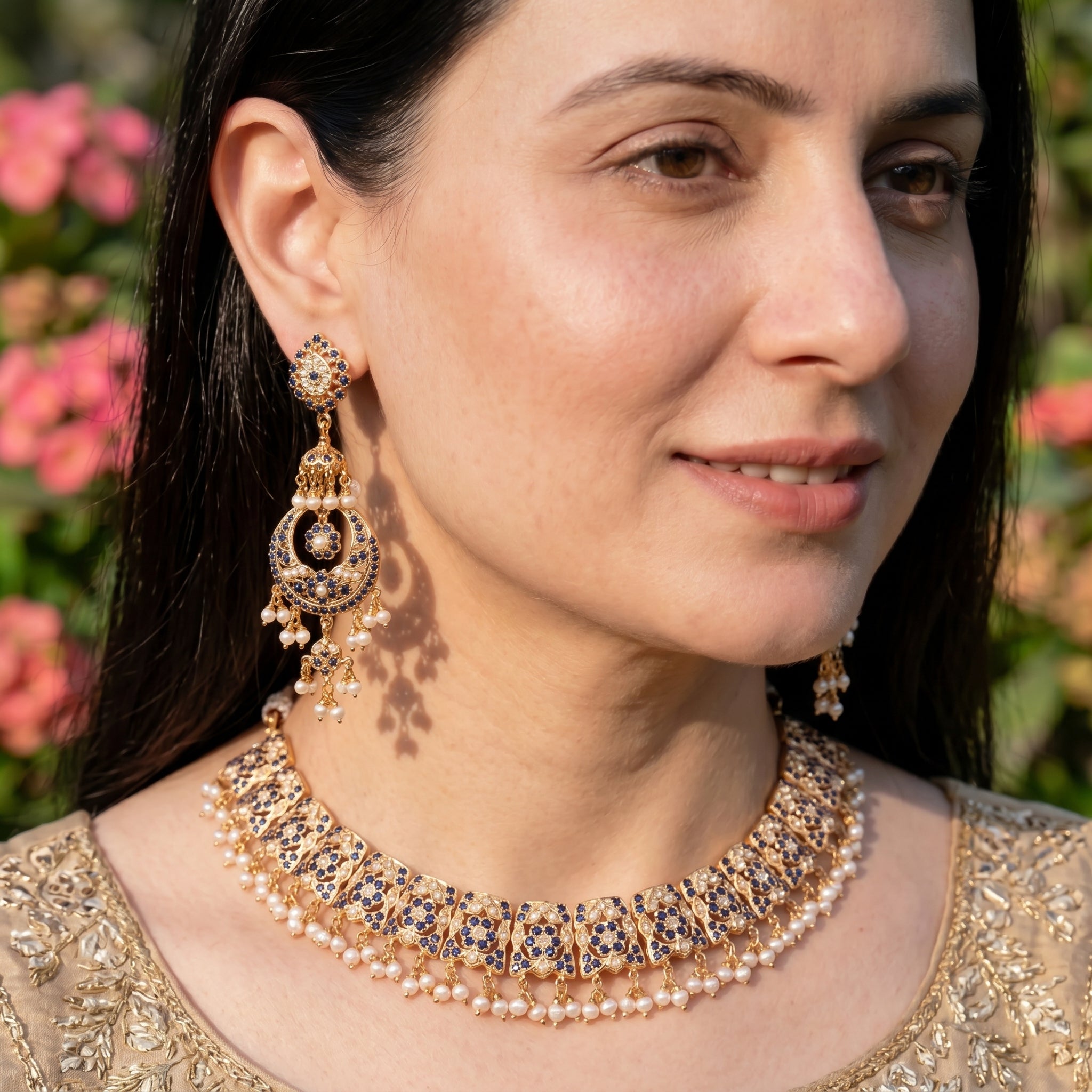 Classic Jadau Necklace Set in Gold-Plated silver |  Deep Blue Stones and Fine Pearl Detailing NS 459