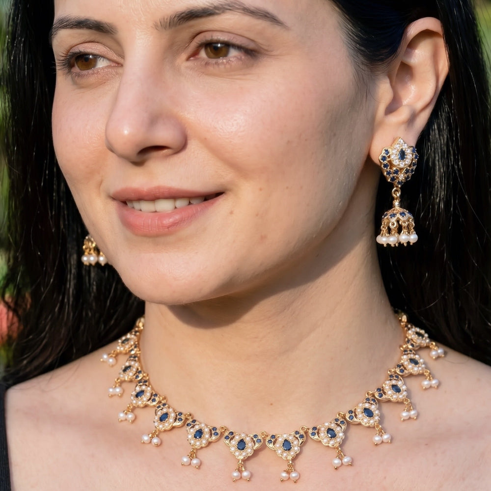 Blue Stone Pearl Jadau Necklace Set with Jhumka Earrings | Gold Plated 925 Silver NS 456