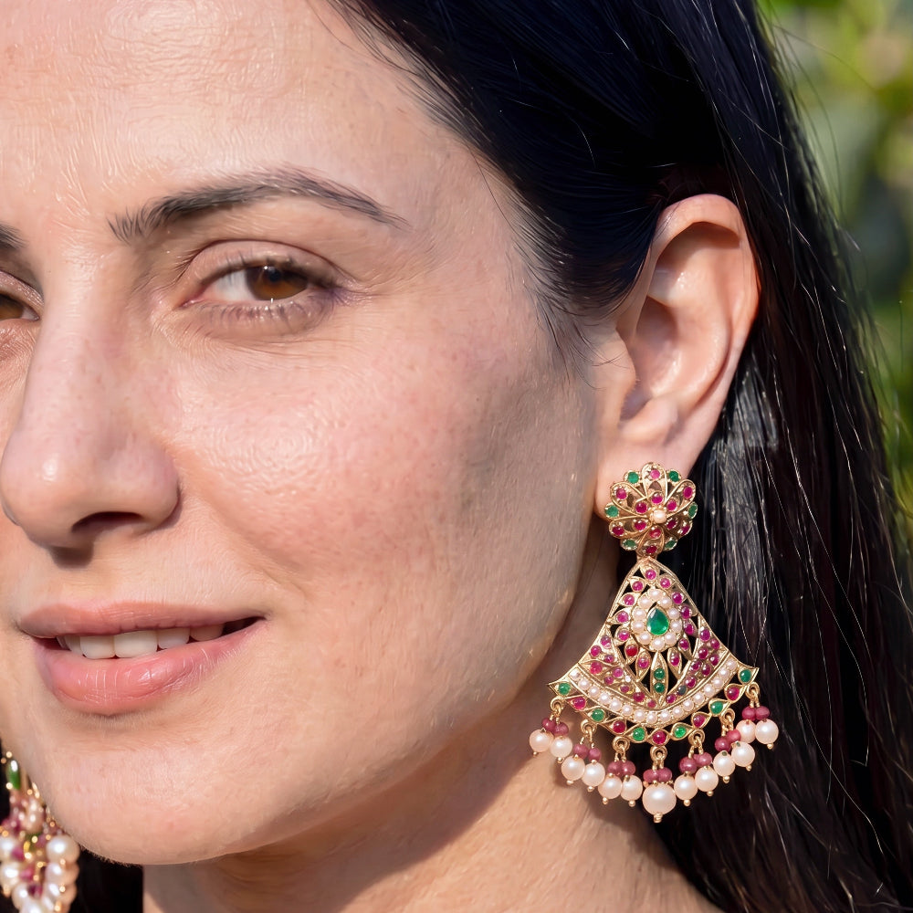 Ruby Emerald Pearl Fan Shaped Jadau Earrings | Gold Plated on 925 Silver ER 702