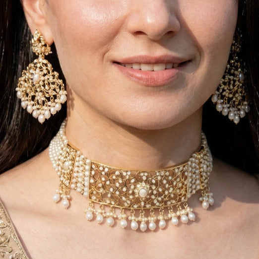 Traditional Rajasthani Aad Choker Set Studded With Pearls | Gold Plated Silver NS 035