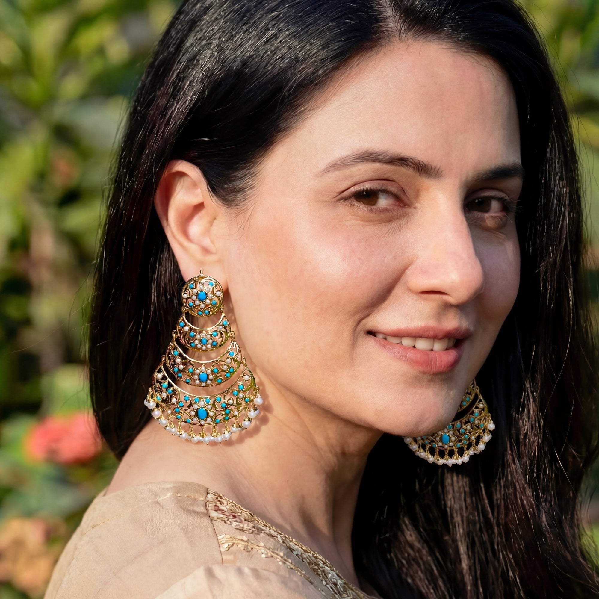 Gold Plated Statement Danglers | Long Indian Earrings Studded with Pearls and Turquoises ER 129