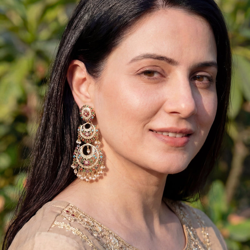 Navratna Double Chandbali Earrings | Indian Sterling Silver Jewelry in USA ER 566