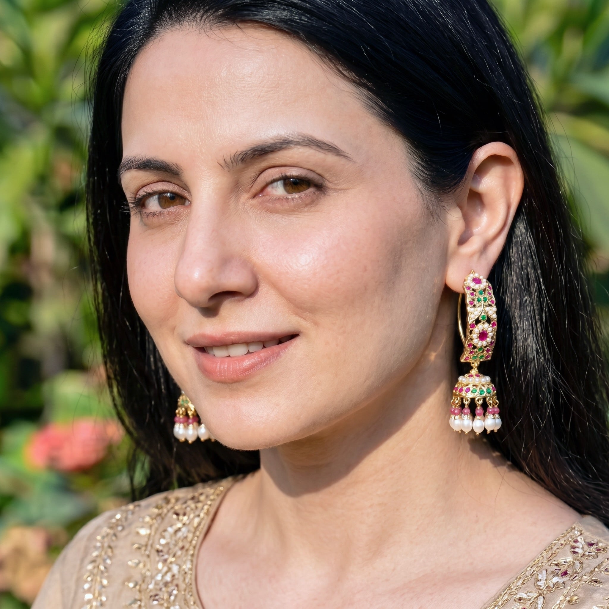Silver Jhumkas Studded With Freshwater Pearls and Stones ER 047