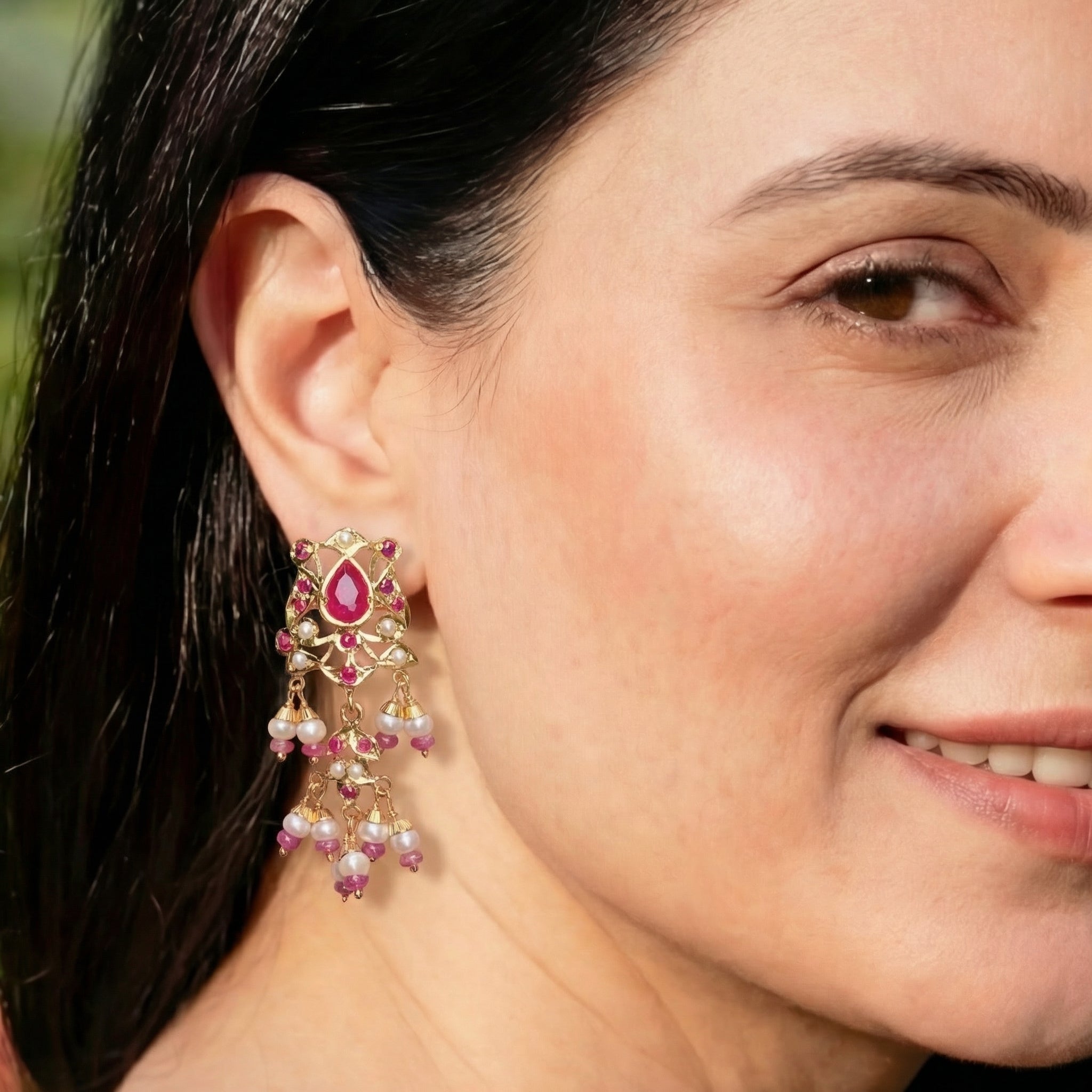 Ruby and Pearl Stud Earrings | Jadau Tops on Silver Base for Women ER 590