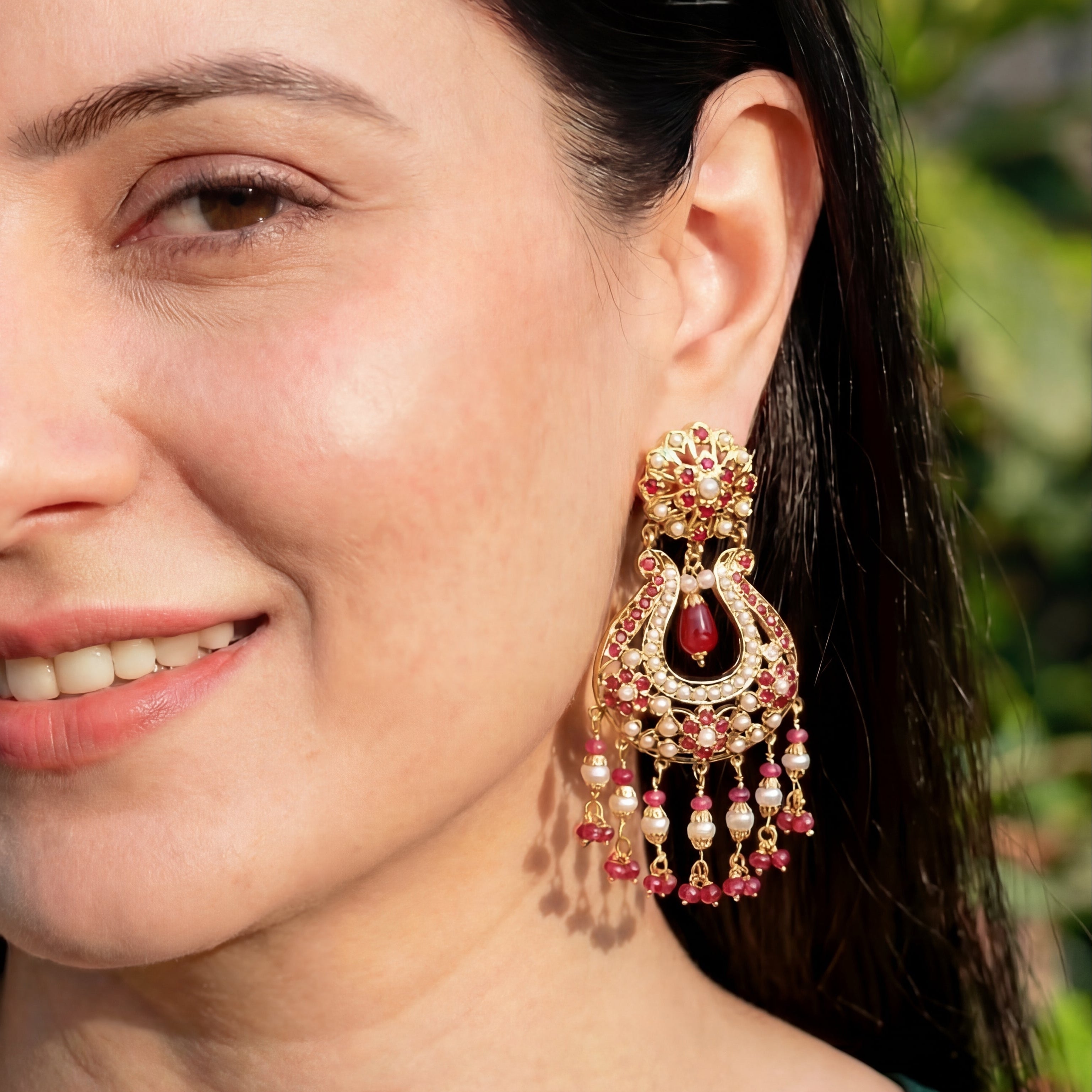 Intricate Jadau Earrings | Ruby Pearl Combination | 925 Silver Base ER 654