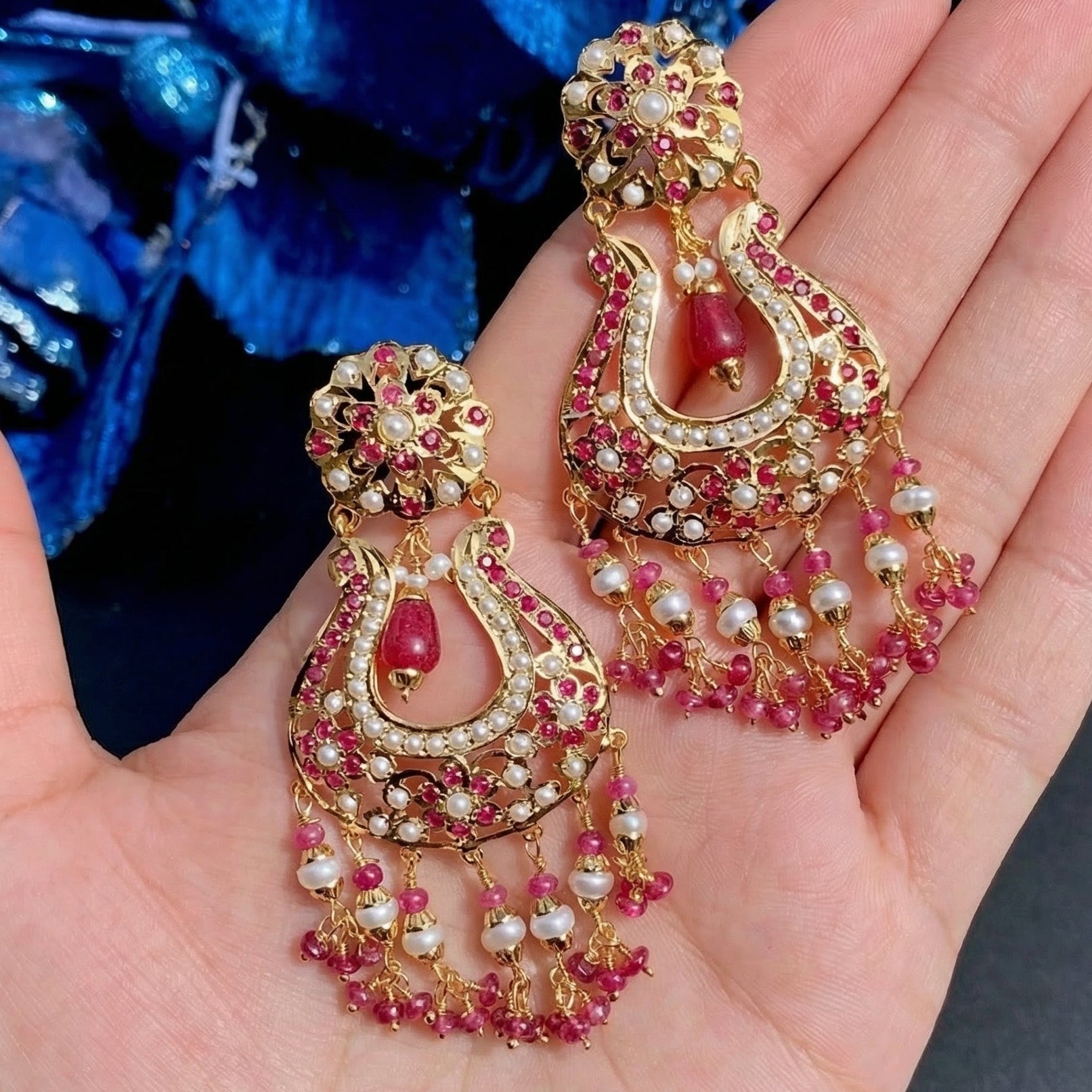 Intricate Jadau Earrings | Ruby Pearl Combination | 925 Silver Base ER 654