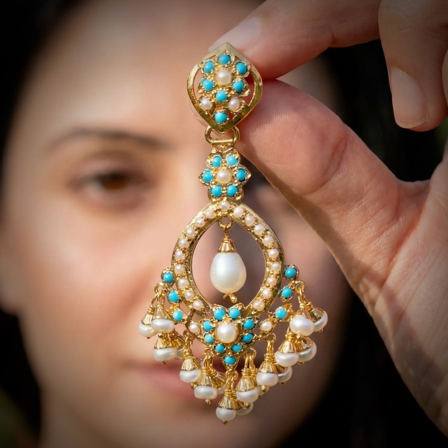 Elegant Pearl and Turquoise Danglers | Gold Plated on 925 Silver ER 646