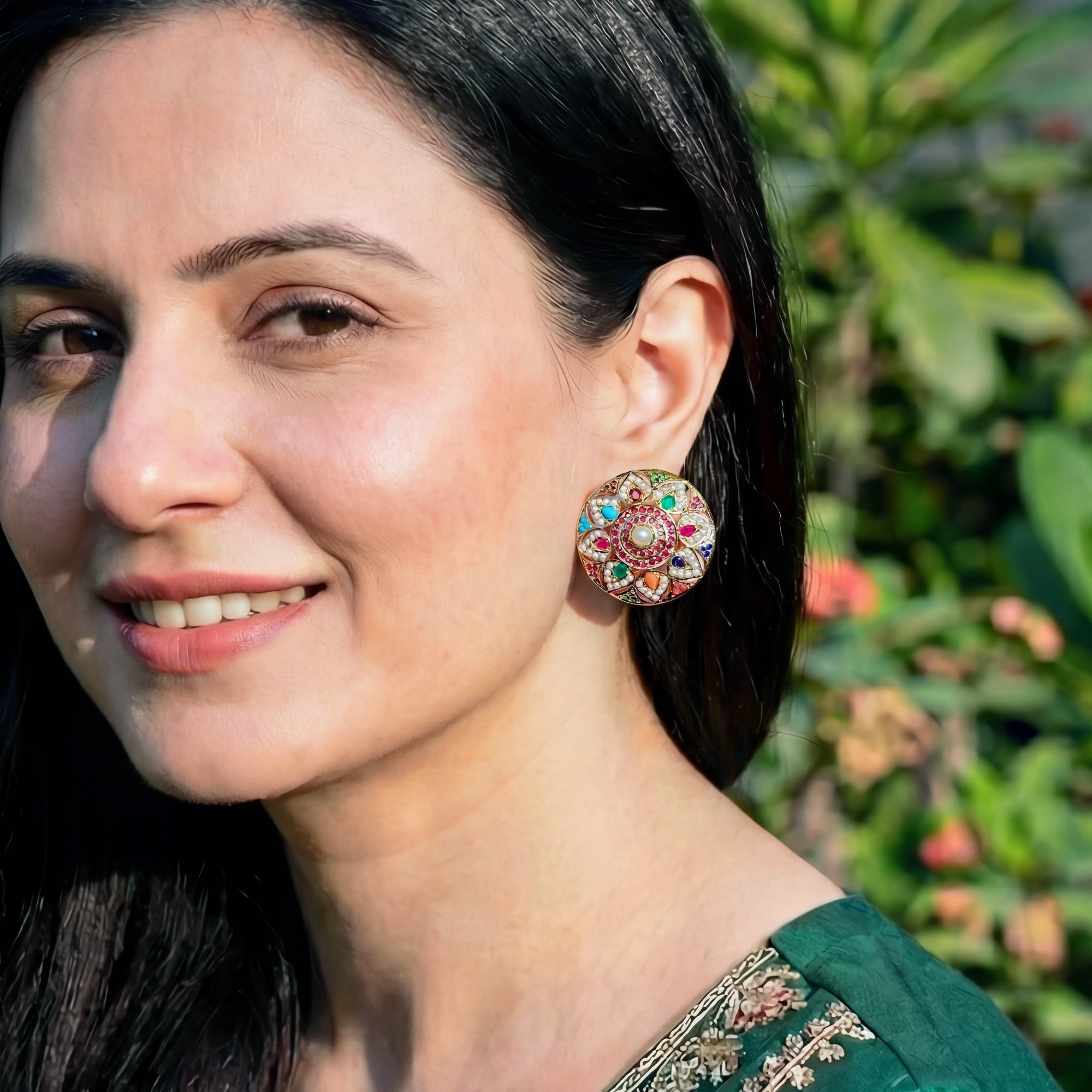 Statement Navratna Stud Earrings | Gold Plated on 925 Silver ER 650
