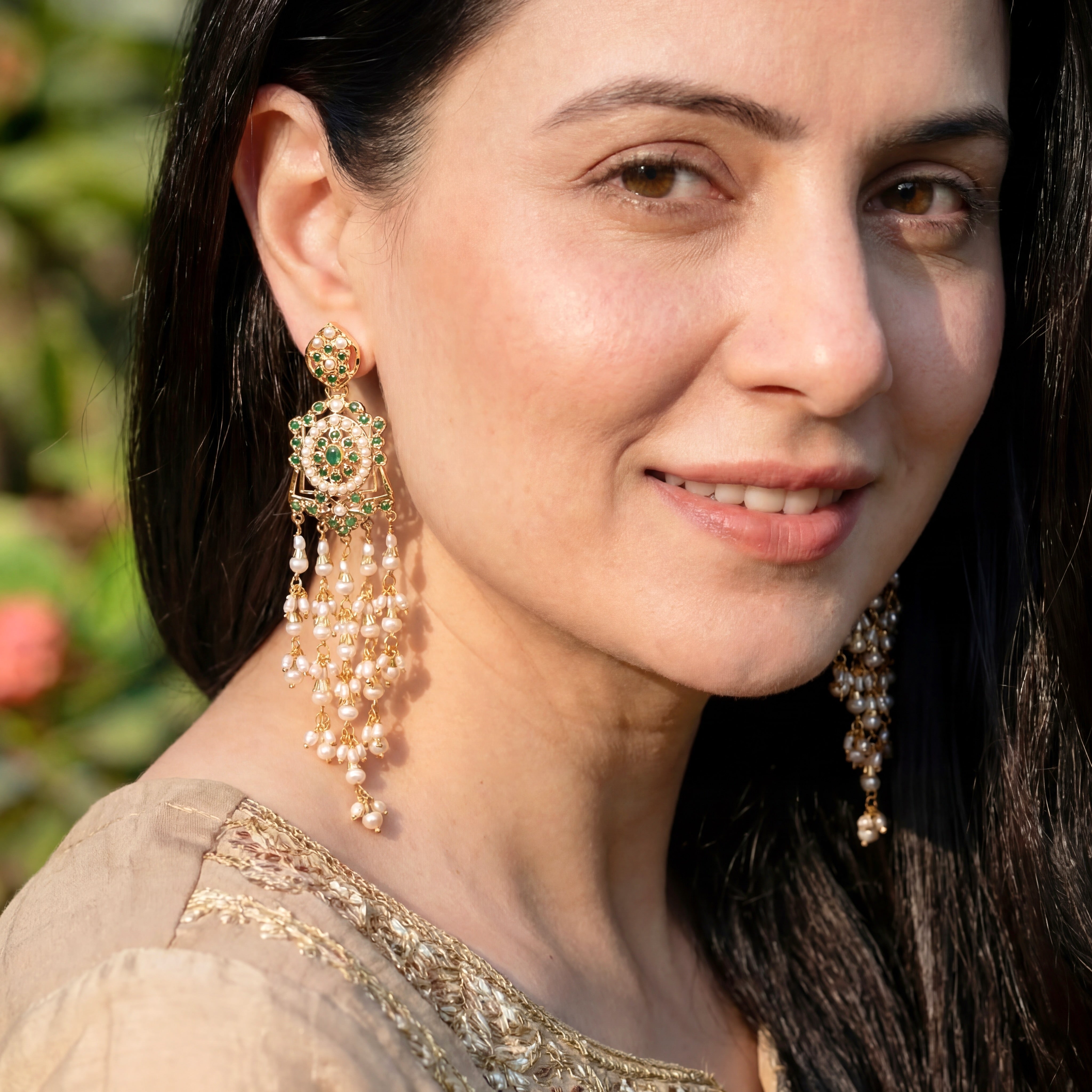 Long Flowing Jadau Earrings | Intricated Crafted Indian Jewelry | 925 Silver Gold Plated ER 657