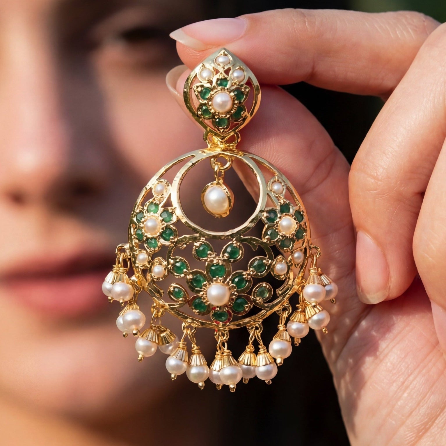 Small Jadau Chandbali in Emerald Green Colors | Gold Plated on 925 Silver ER 660